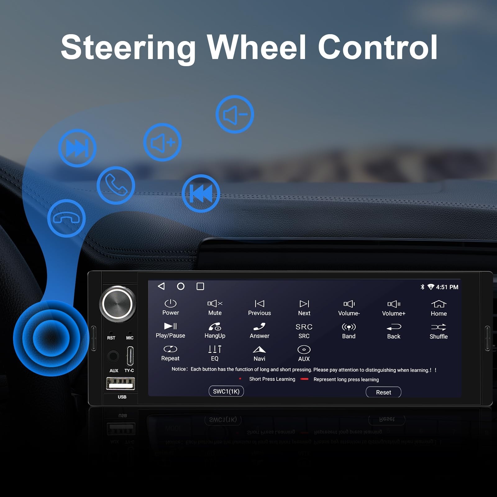 6.36″ Single Din Touchscreen Car Stereo – Wireless Carplay, Android Auto, GPS, B