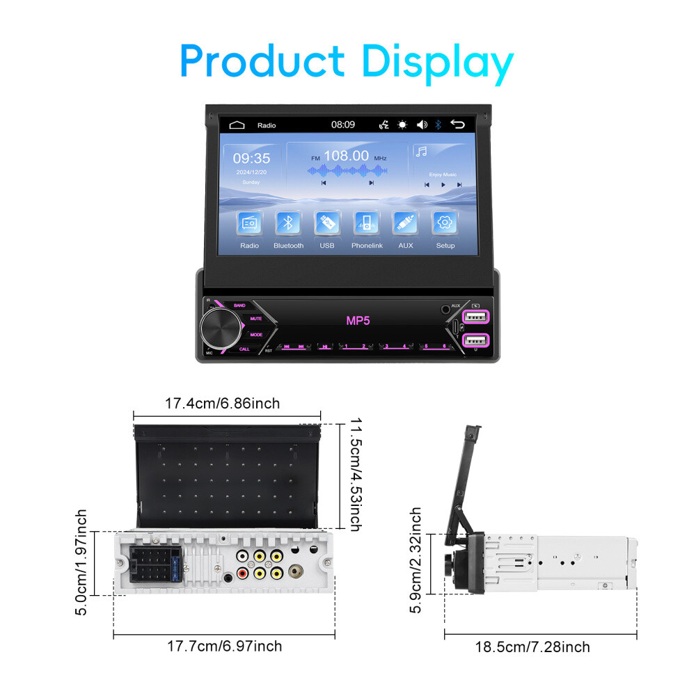 7″ Single 1 DIN Flip out Touch Screen Car Stereo Bluetooth Mirror Link FM Radio