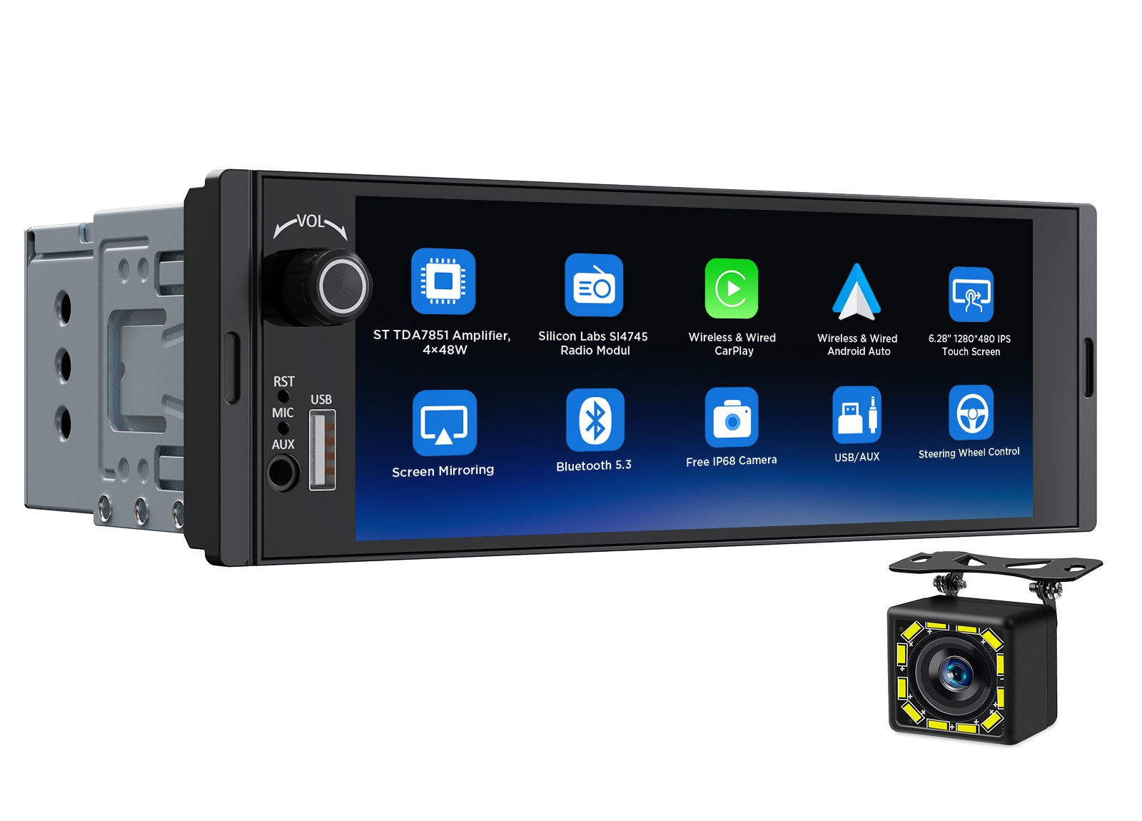 Single 1 DIN 6.28″ Touchscreen Car Stereo Wireless CarPlay Android Auto Headunit