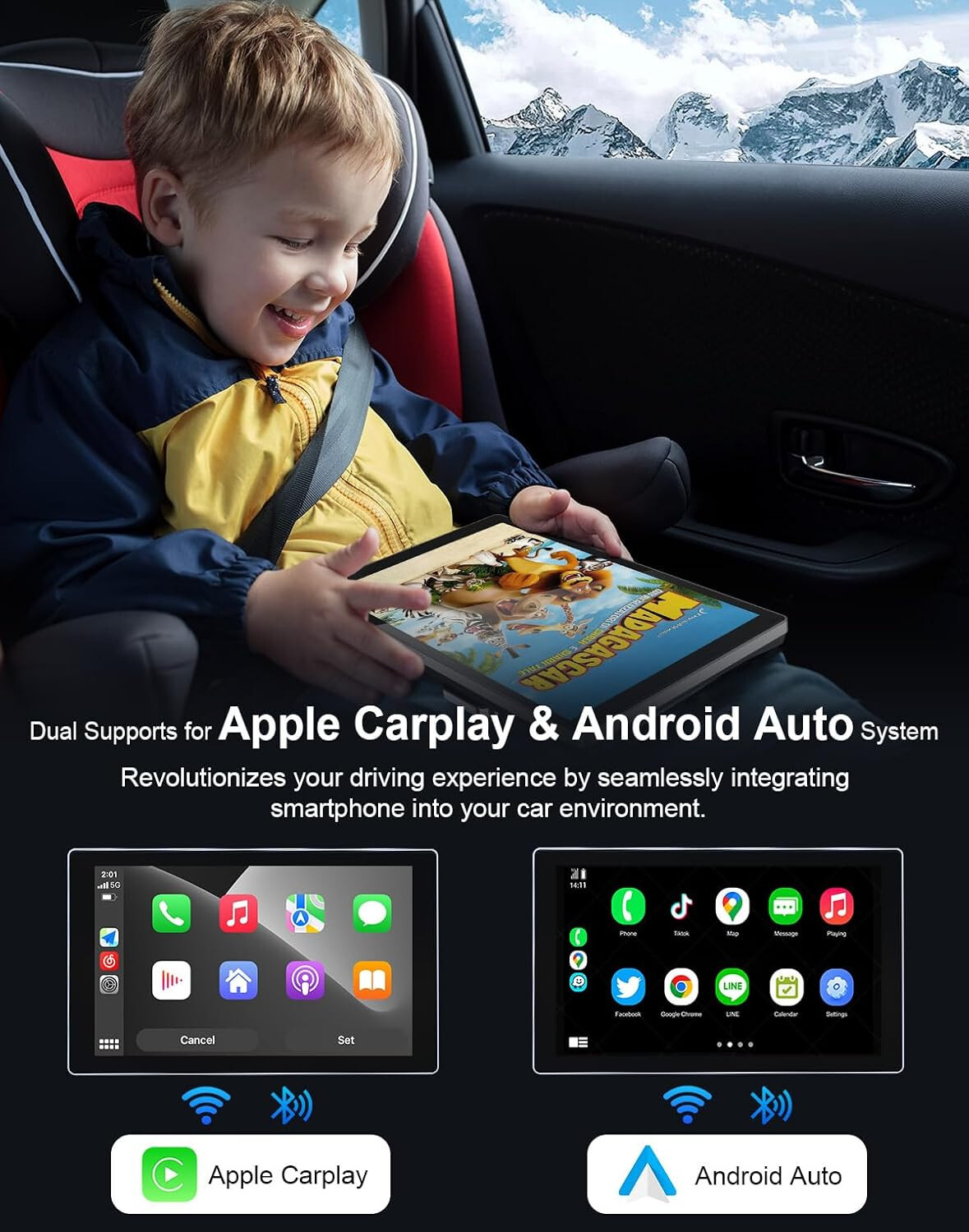 Oscio9″ Wireless Carplay Android Auto Screen with 4K Dash Cam & 1080P Backup cam