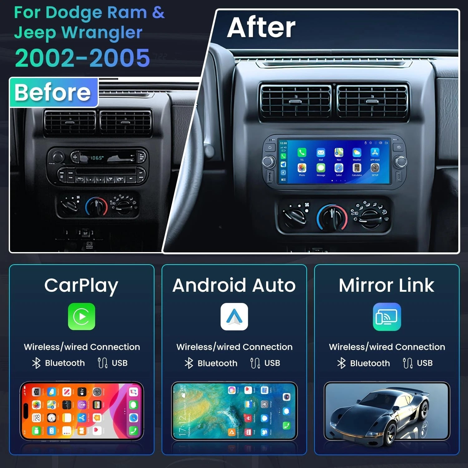 Dodge Ram 1500 2002-2005 Android 13 Car Stereo 2+64G Carplay w 6.8″ Screen