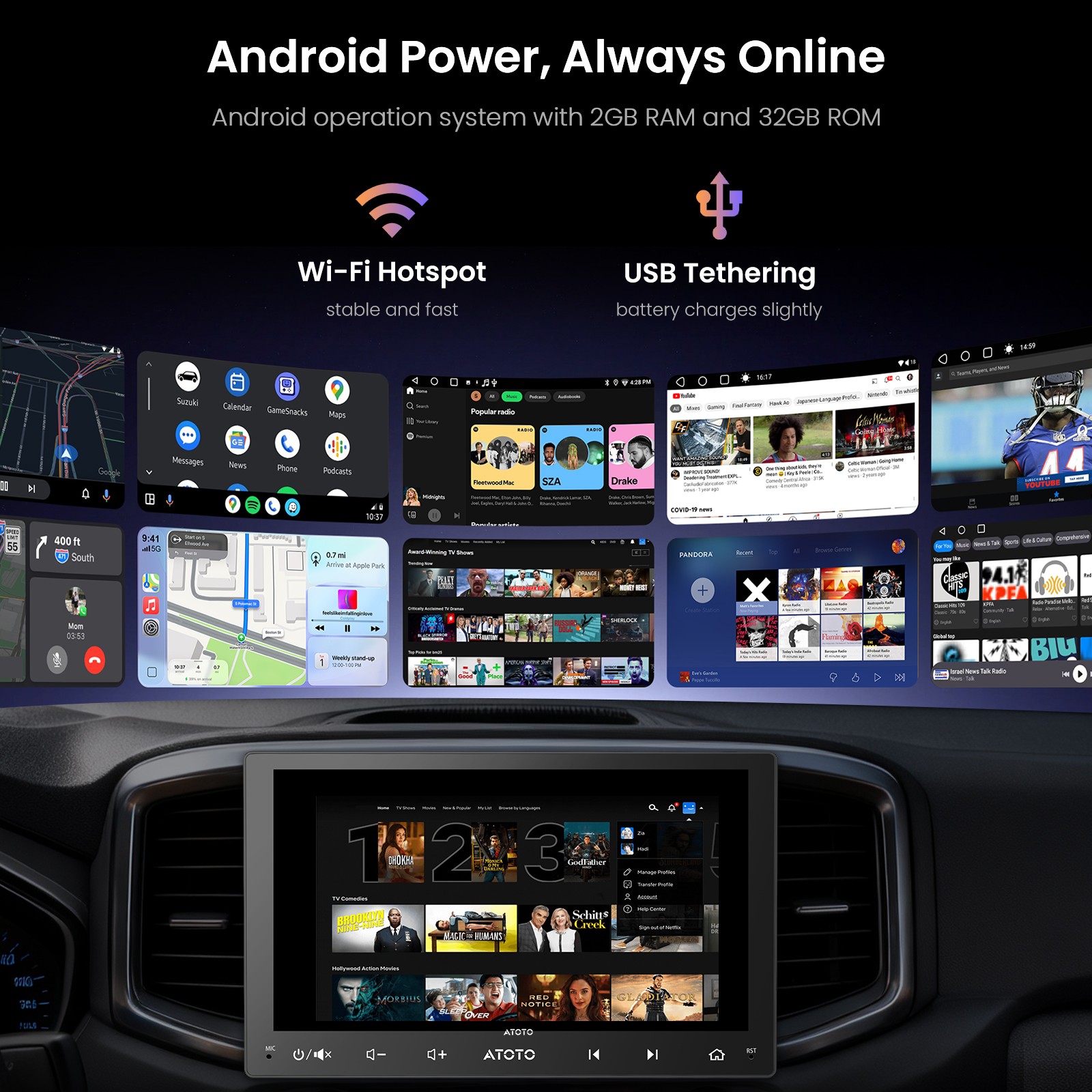 ATOTO Car Stereo 9″ Touchscreen Double Din GenAI Bluetooth Apple CarPlay OBD II