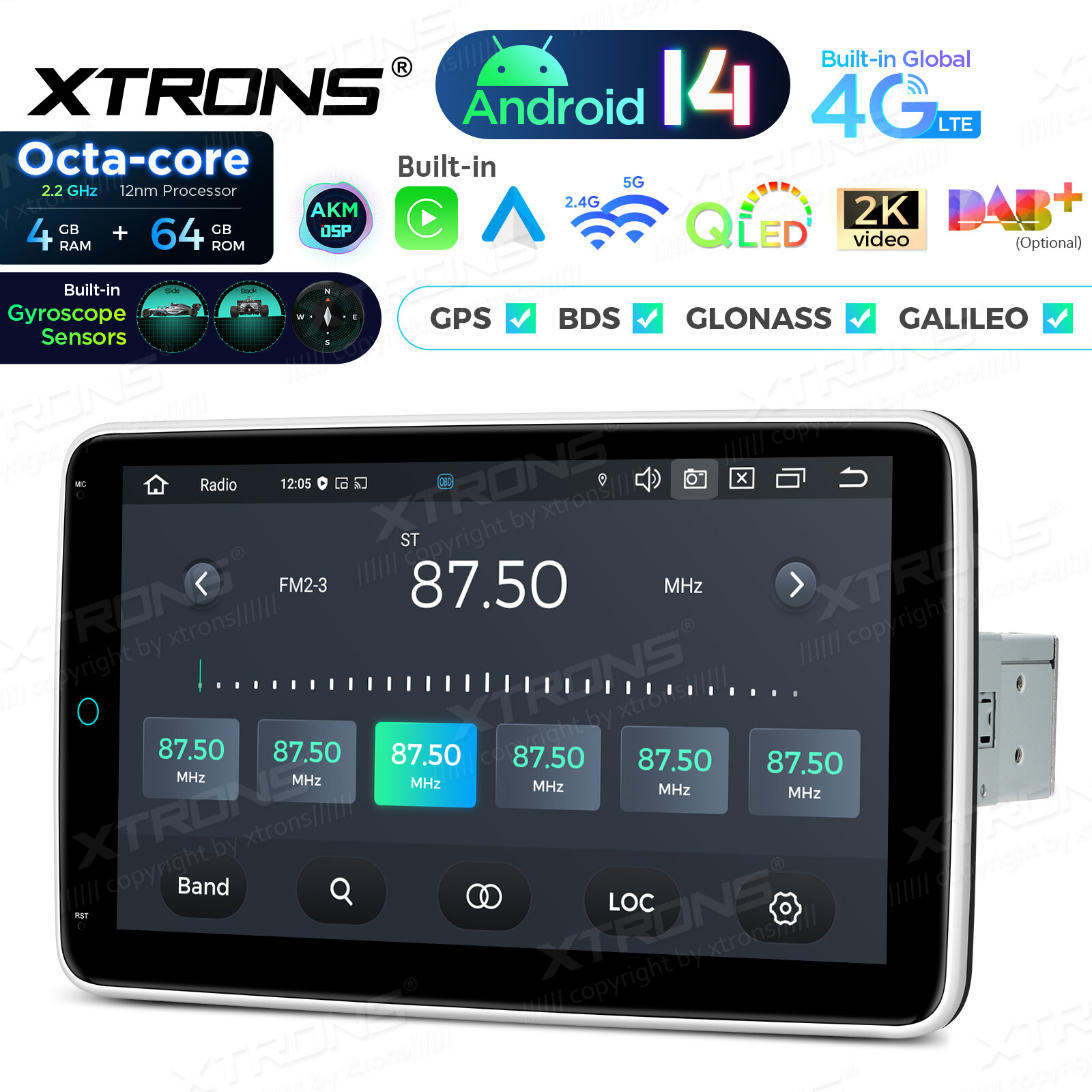 10.1″ Rotatable Screen 1-DIN 8Core Android 13 64GB Car Play Stereo GPS Radio DSP