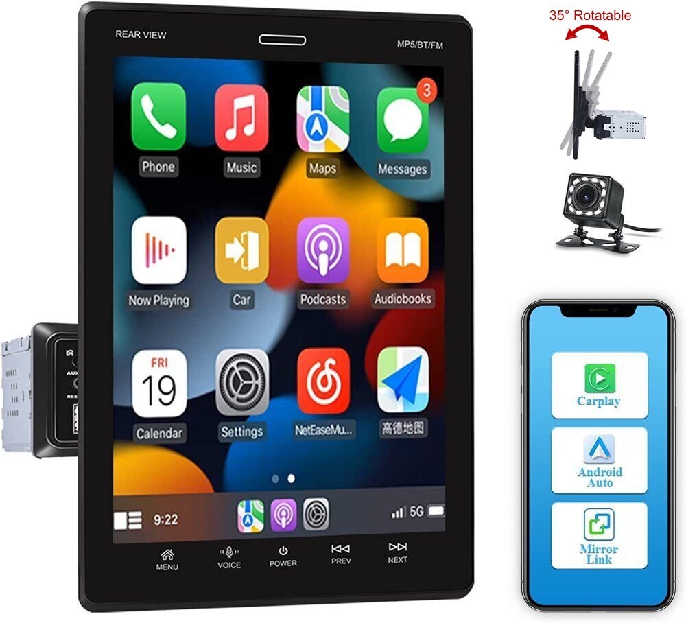 Single 1 Din Apple/Android Carplay Car Stereo Radio Bluetooth 9.5″ Touch +Camera
