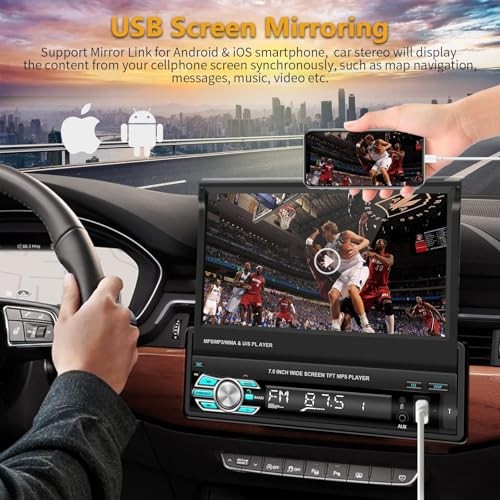 Single Din Carplay Car Stereo with Bluetooth AHD Backup Camera, 7 Inch flip