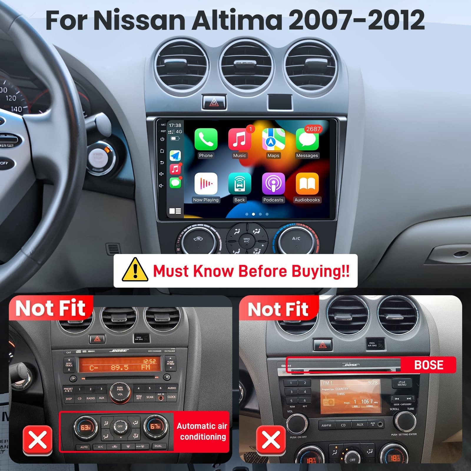 For 2008-2012 Nissan Altima Apple CarPlay Car Radio Android GPS Stereo 64GB