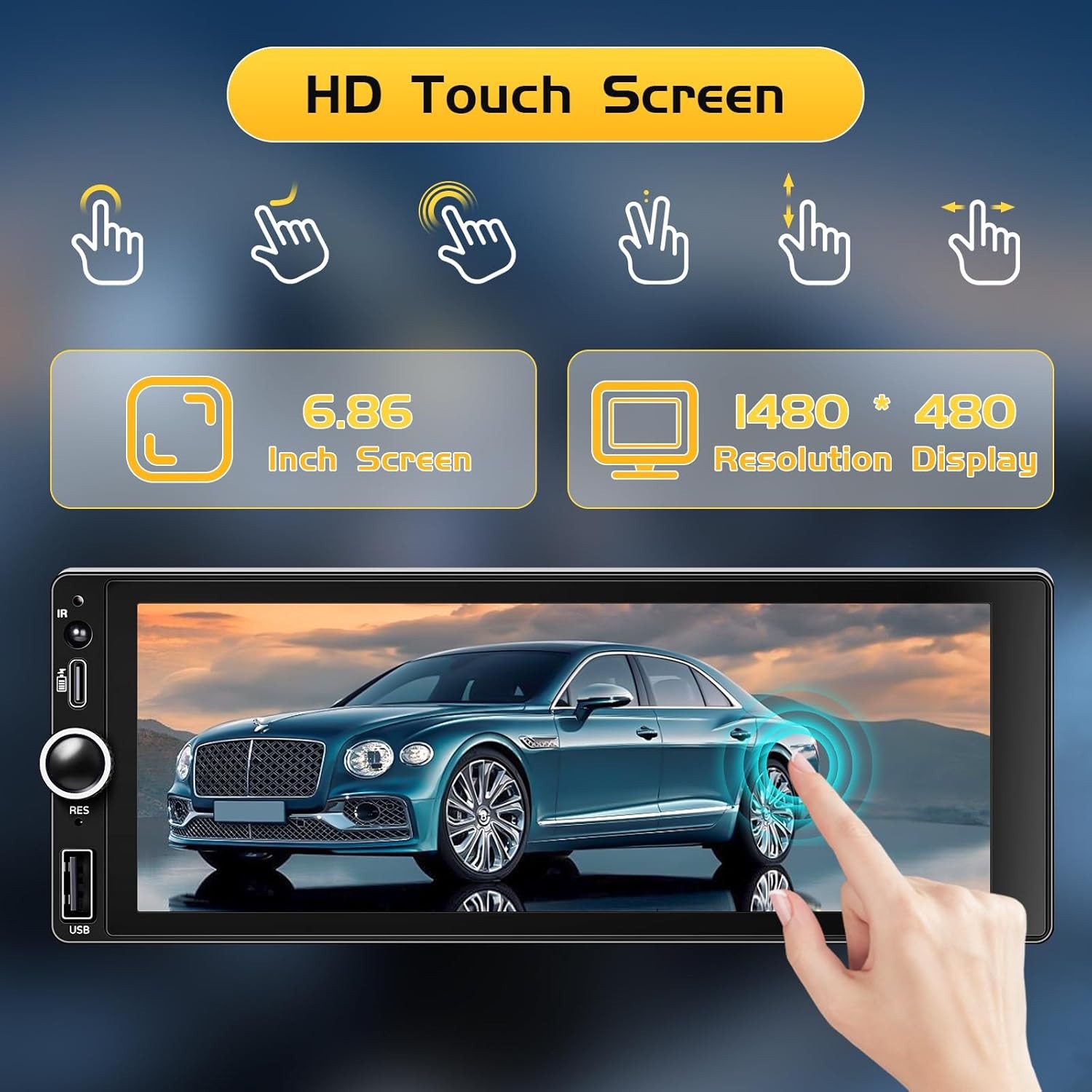 Wireless Single Din Car Stereo-Apple Carplay, Android Auto, 6.86″ Touchscreen