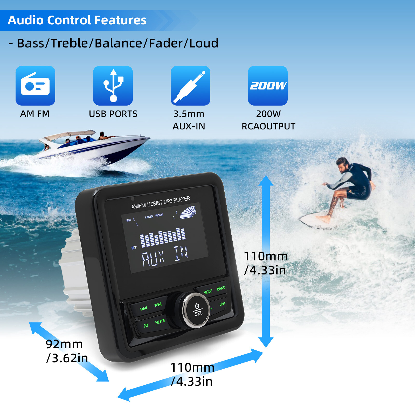 Marine Digital Media Receiver Bluetooth Waterproof LCD Display Boat Radio System