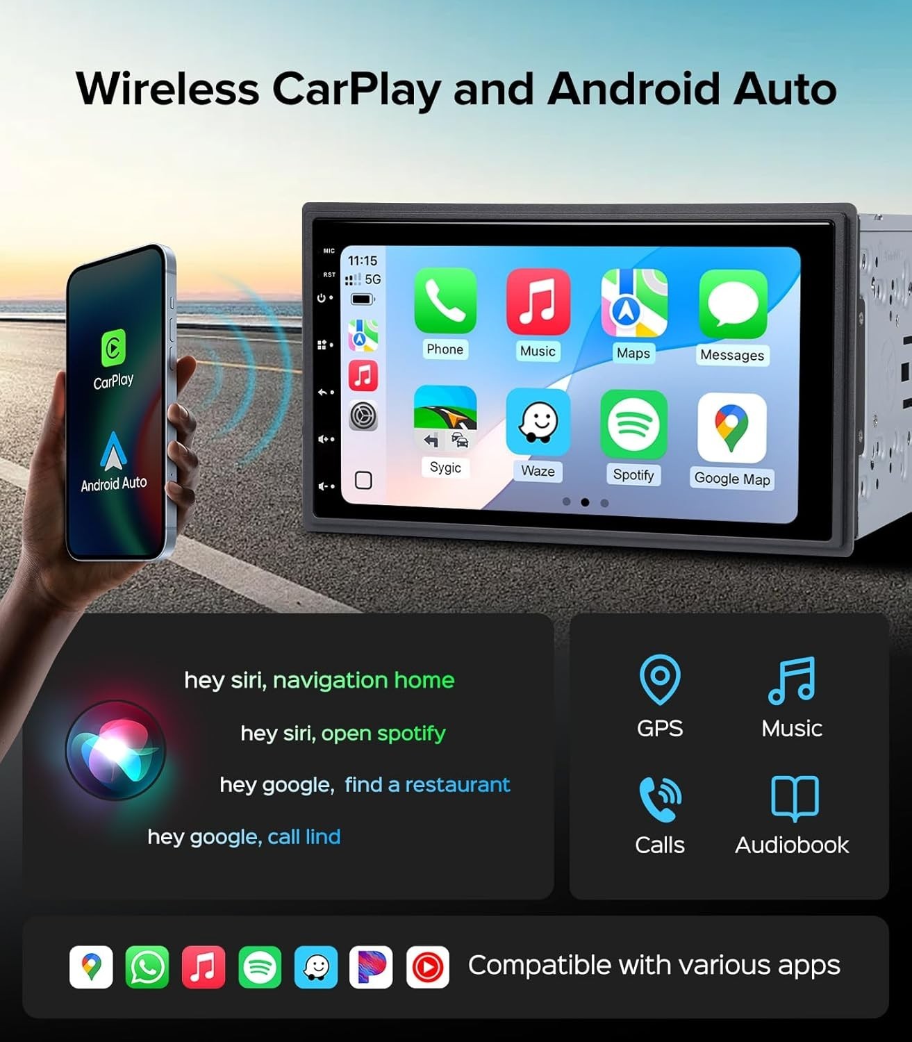 ApexNav 7″ Android 13 Double Din Car Stereo Wireless CarPlay Android Auto GPS
