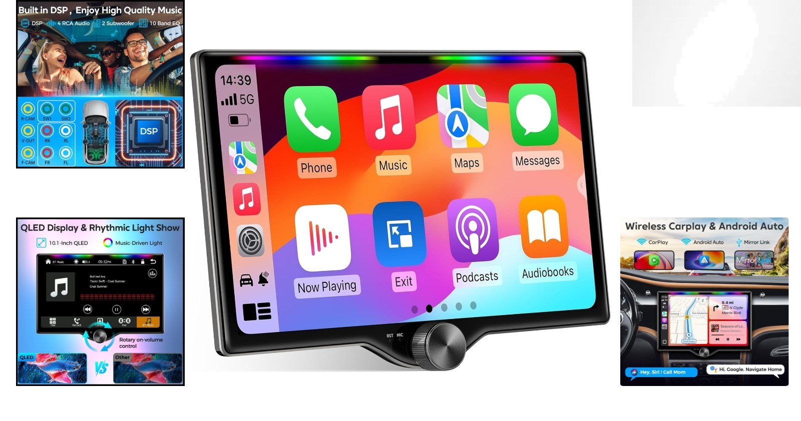 High-Power 10.1-Inch QLED Car Stereo with Music Sync Ambient Light & Bluetooth