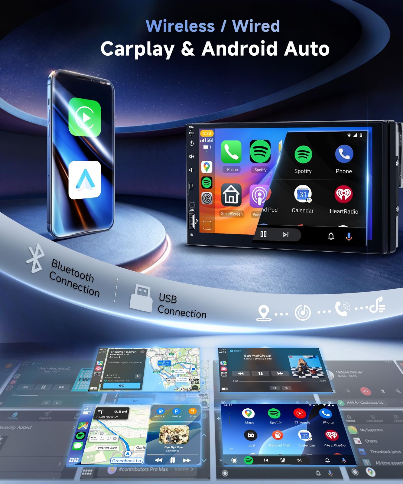 Single Din Car Stereo with Wireless Carplay Android Auto, 7 Inch Touch Black