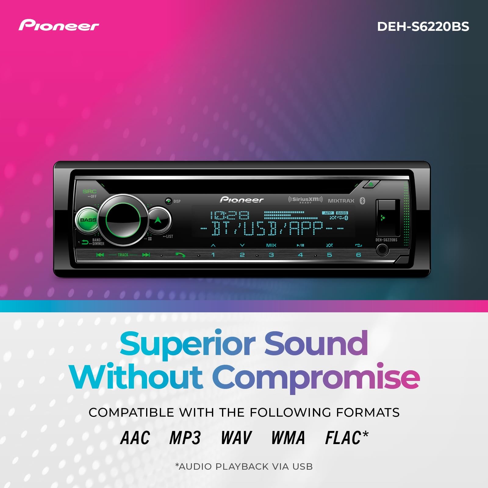 Pioneer DEH-S6220BS 1-Din CD Receiver – Bluetooth, SiriusXM, USB/AUX, Color C…