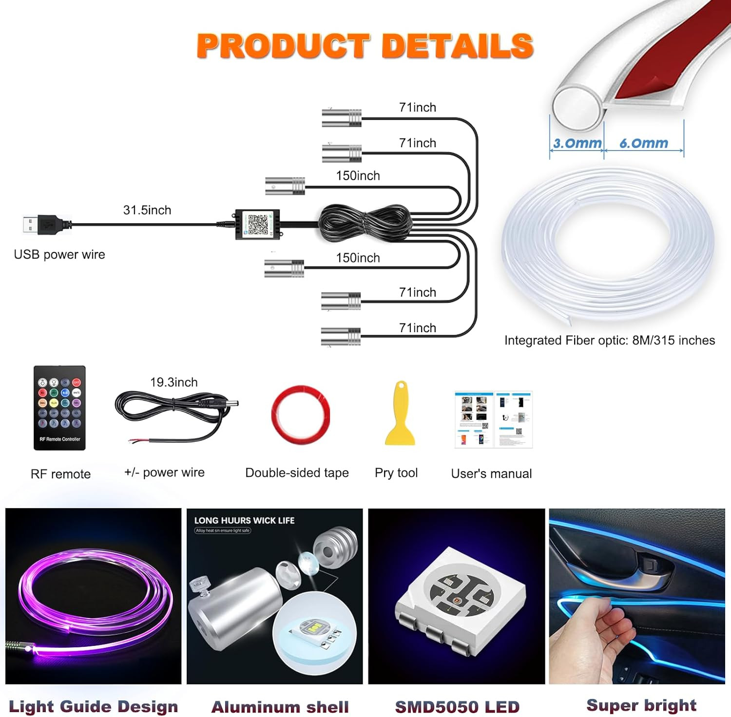 Car LED Strip Lights, USB Interior Ambient Lighting Kits with Wireless APP and R