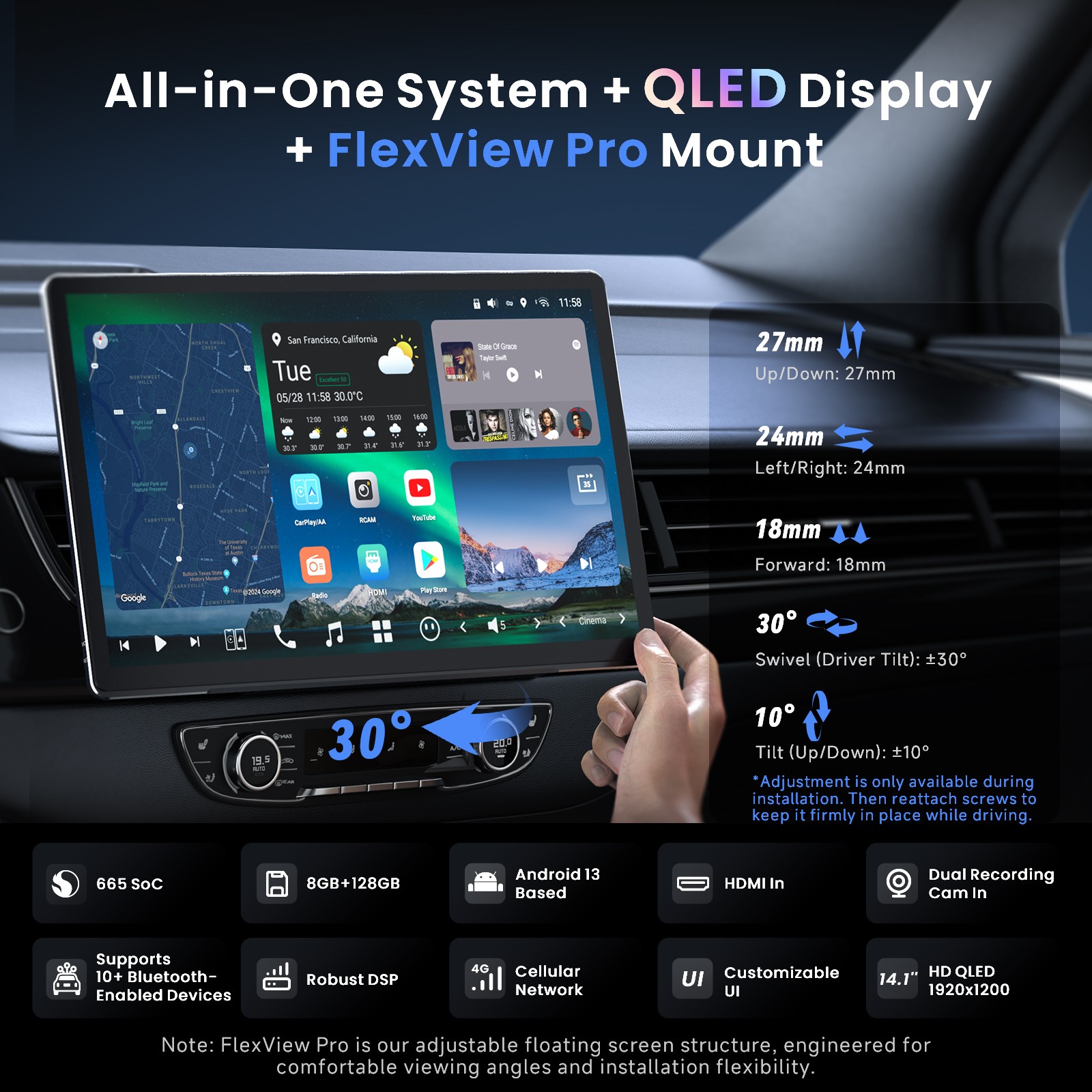 14.1″ QLED Single Duble Din Android 13 Adaptive Top AI Android Car Stereo 8+128G