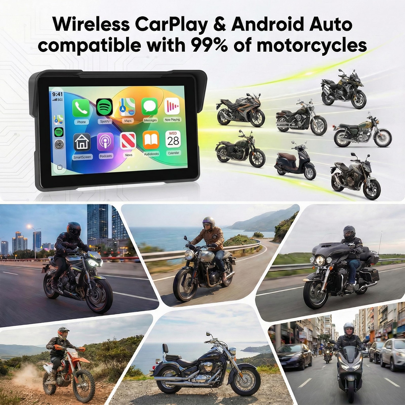 Share 7″ Waterproof Carplay Screen with GPS, Dual Bluetooth & Voice Control