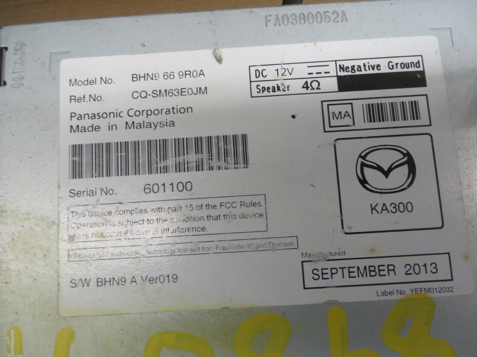 MAZDA 3 14 15 16 RADIO AUDIO AM FM CD FACTORY DASH UNIT OEM # BHN9669R0A