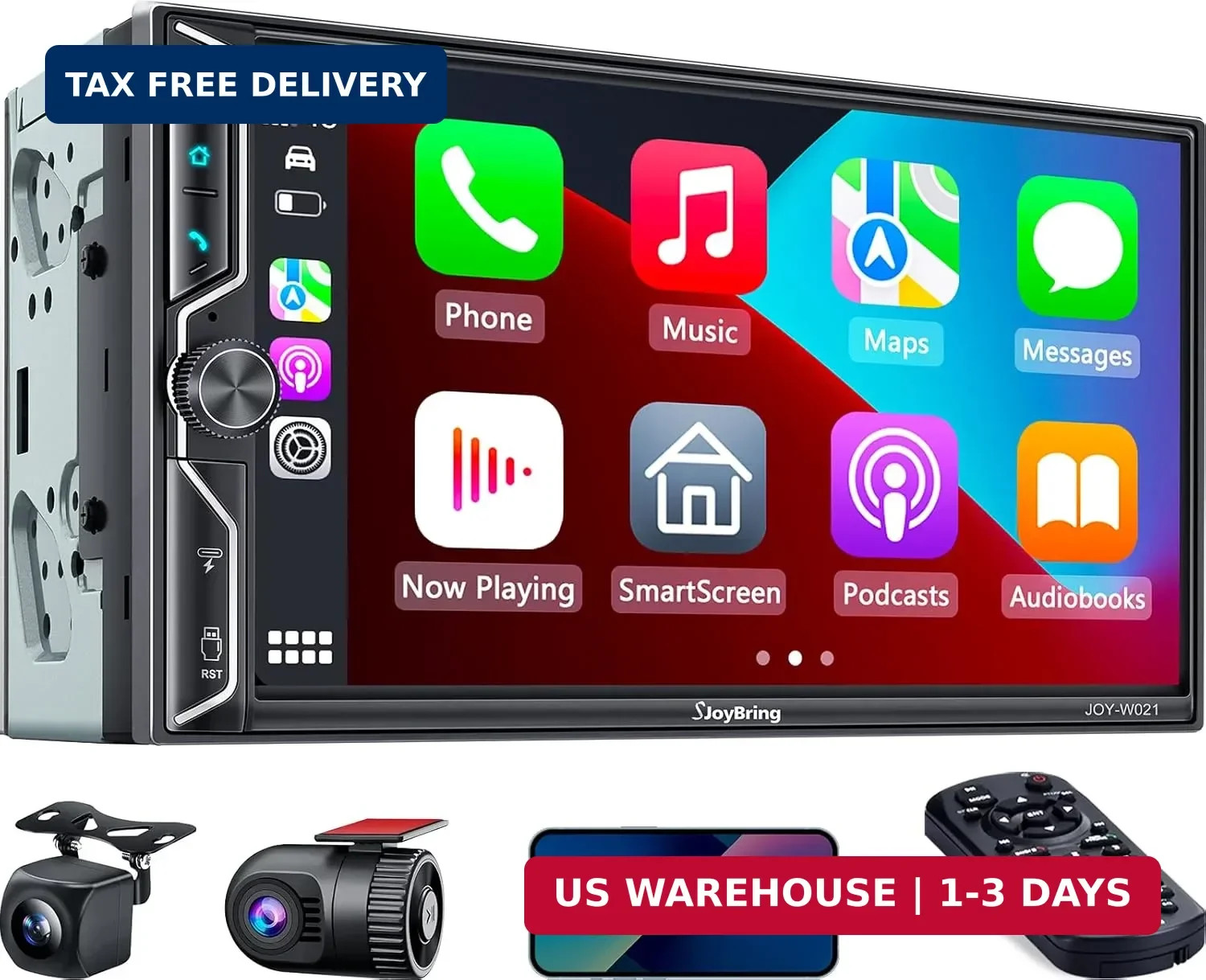 SJoyBring 7″ QLED Double Din Car Stereo Compatible with Wireless Apple Car Play