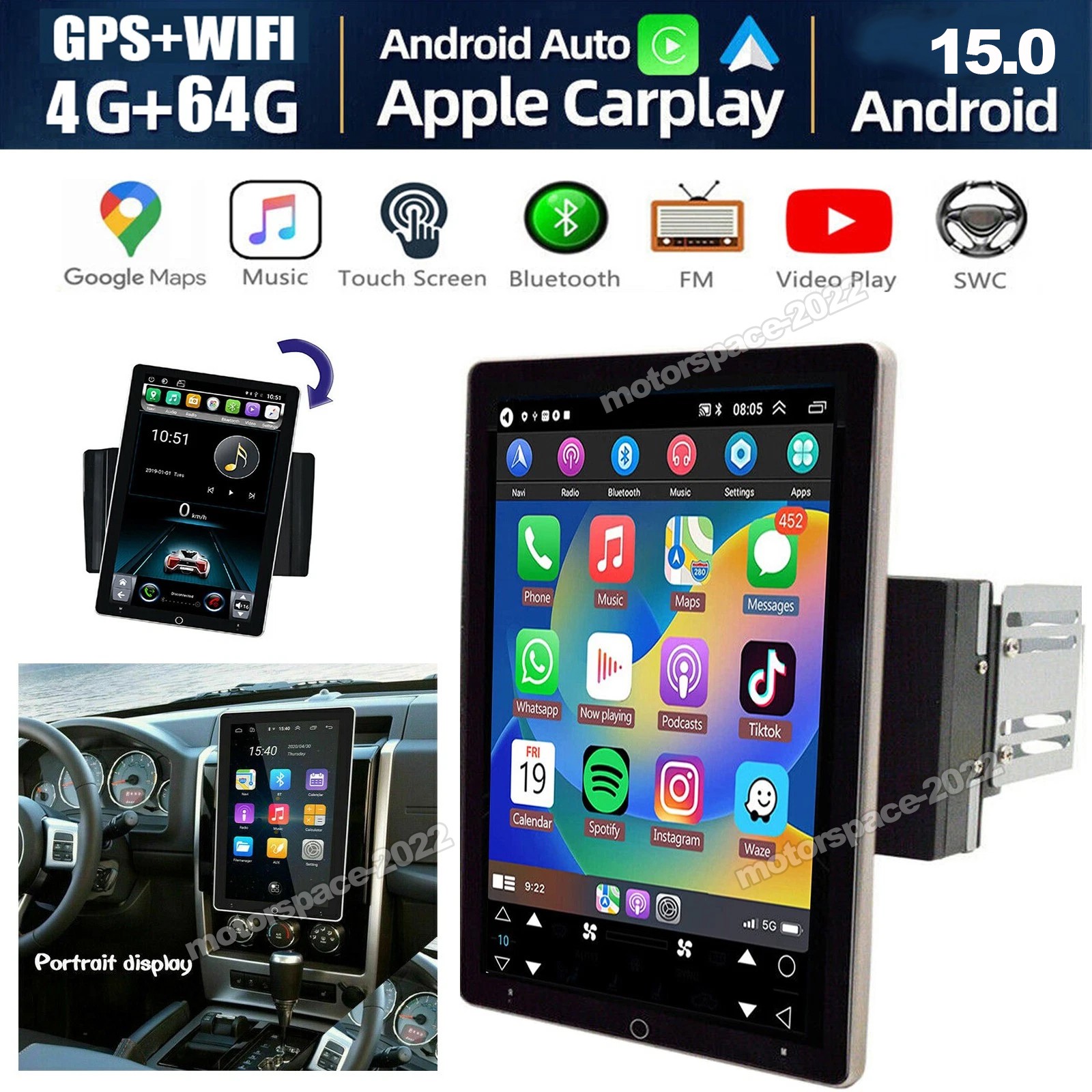 Double 2Din Rotatable 10.1” Apple Carplay Android 15 Car Stereo Radio Wifi 65GB