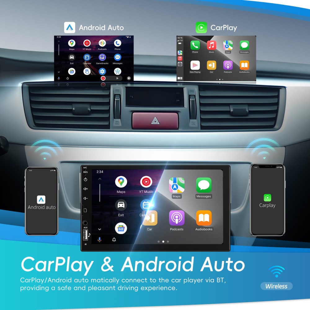 7″ Single 1Din Touch Screen Car Stereo Radio USB BT Android auto Carplay +Camera