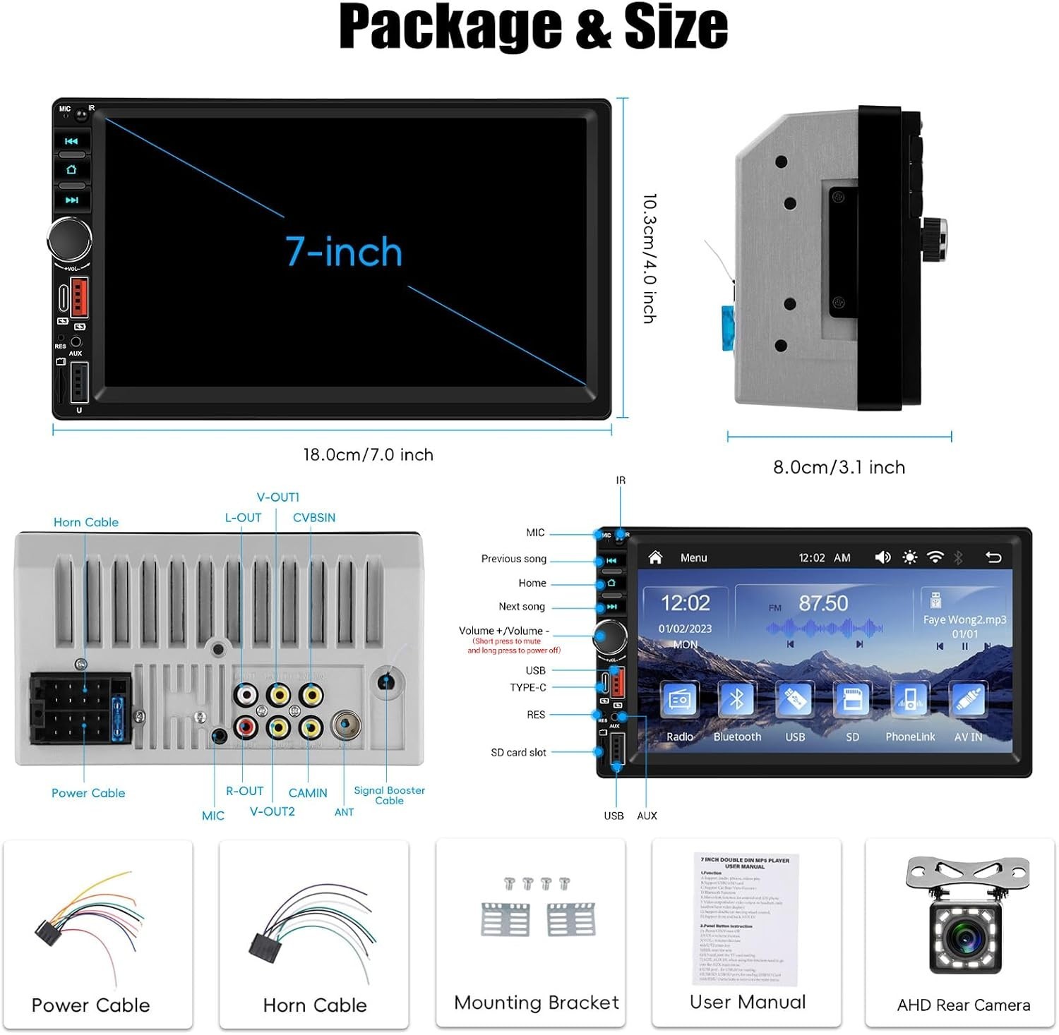 Wireless Double Din Car Stereo Compatible A-pple Carplay Android Auto,7″ IPS 102