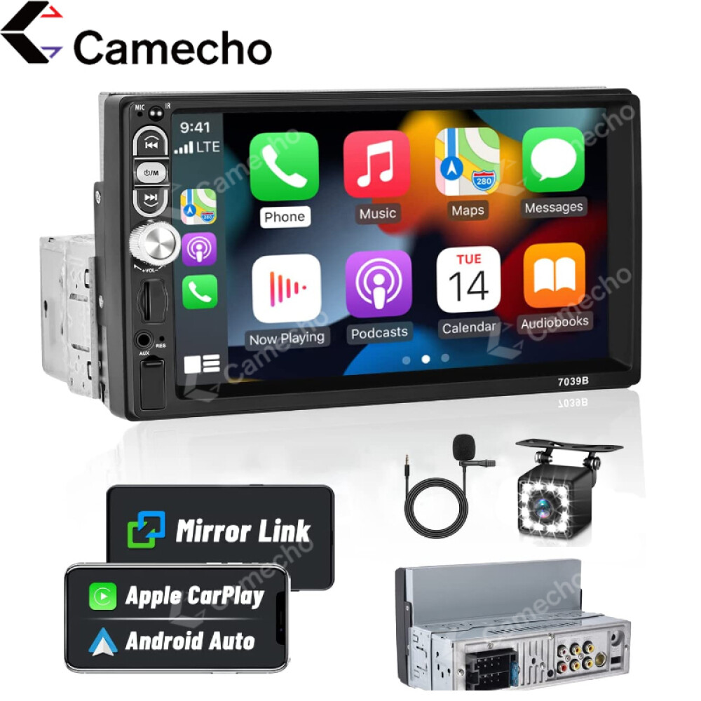 Single 1DIN CarPlay Car Stereo Radio Touch Screen Head Unit FM Bluetooth +Camera