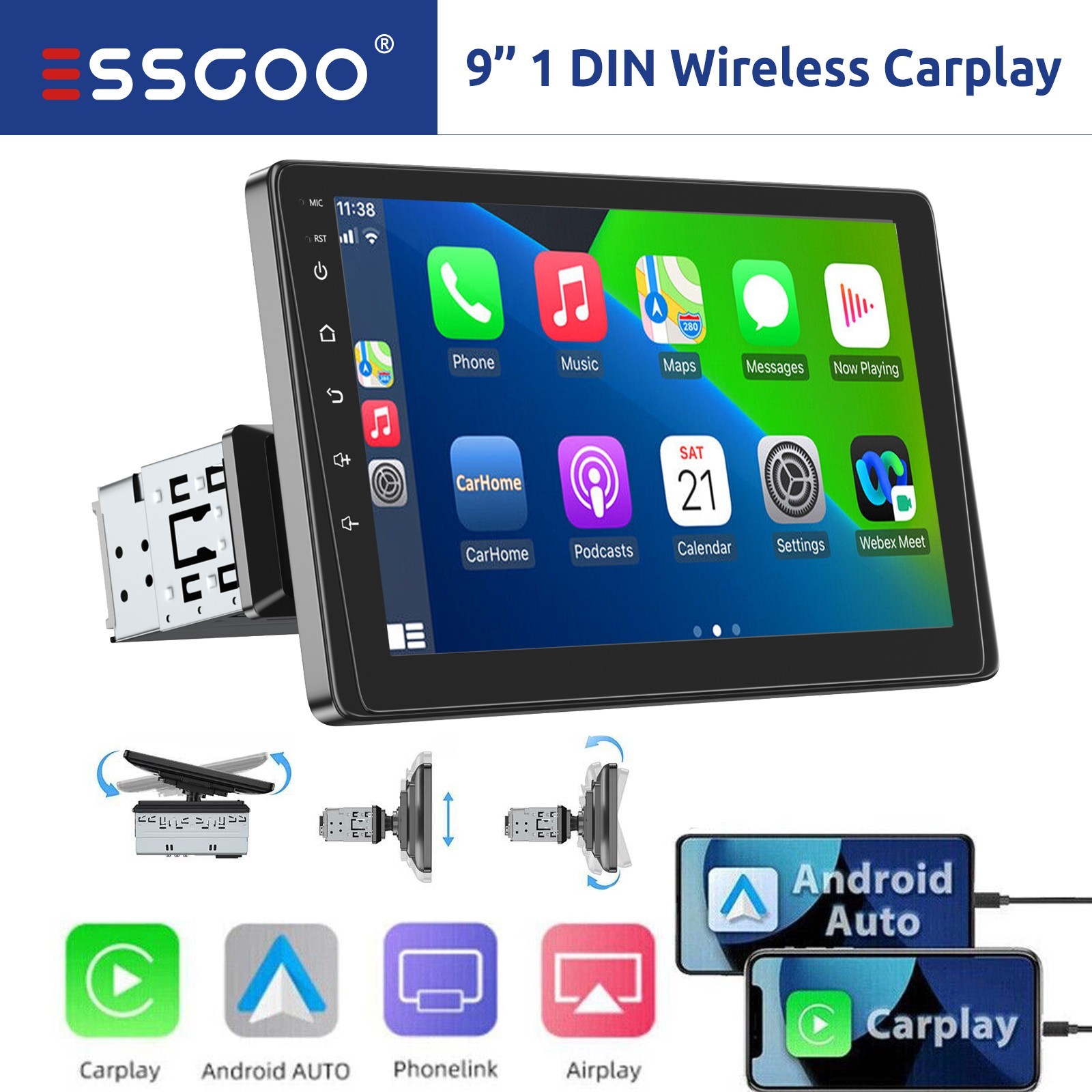 Single 1DIN 9″ Car Stereo Apple Carplay Android Auto HD Radio Head Unit FM AUX