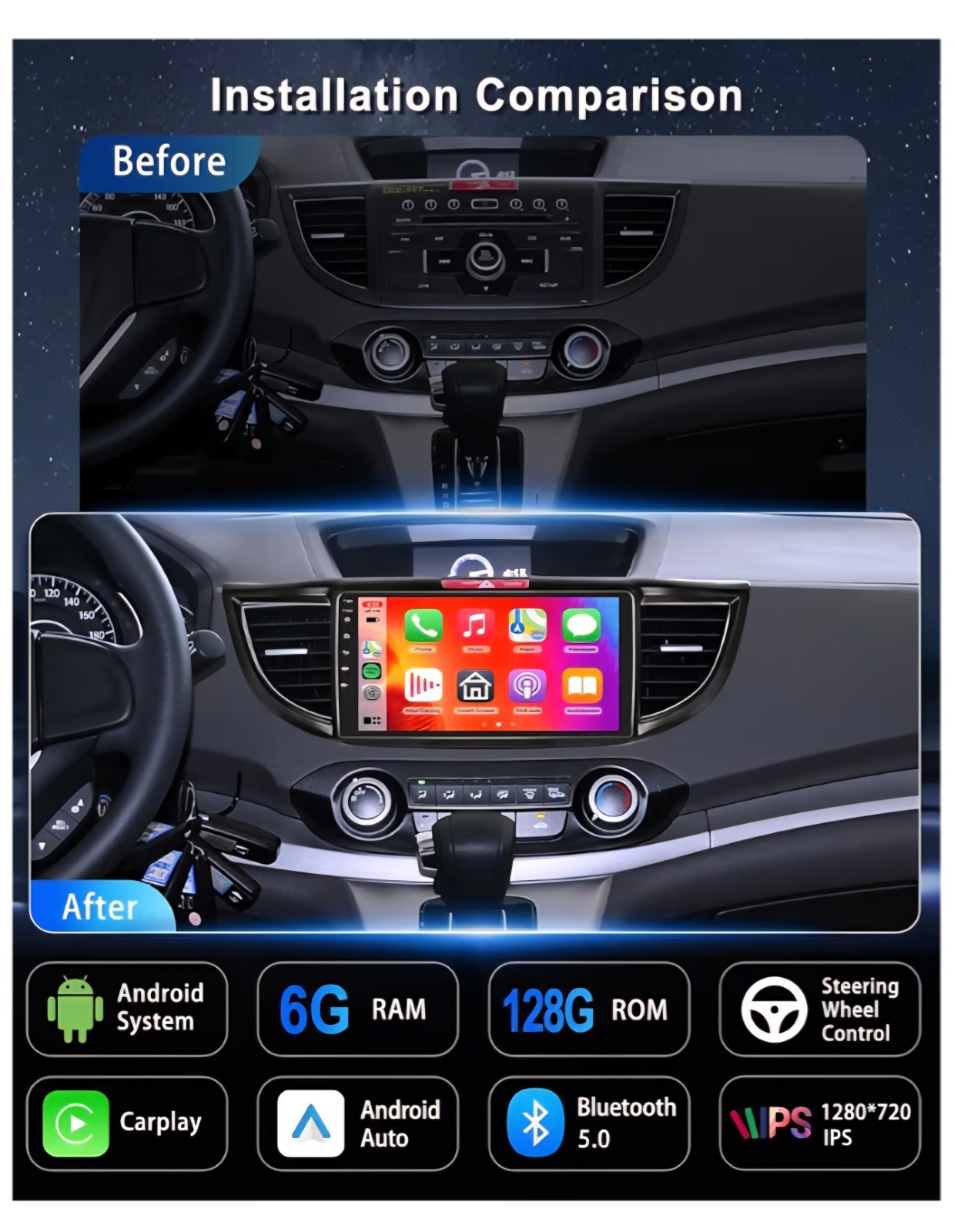 Android Auto Car Stereo, 9″ 1280×720 IPS Touchscreen for Honda CRV 2012-16