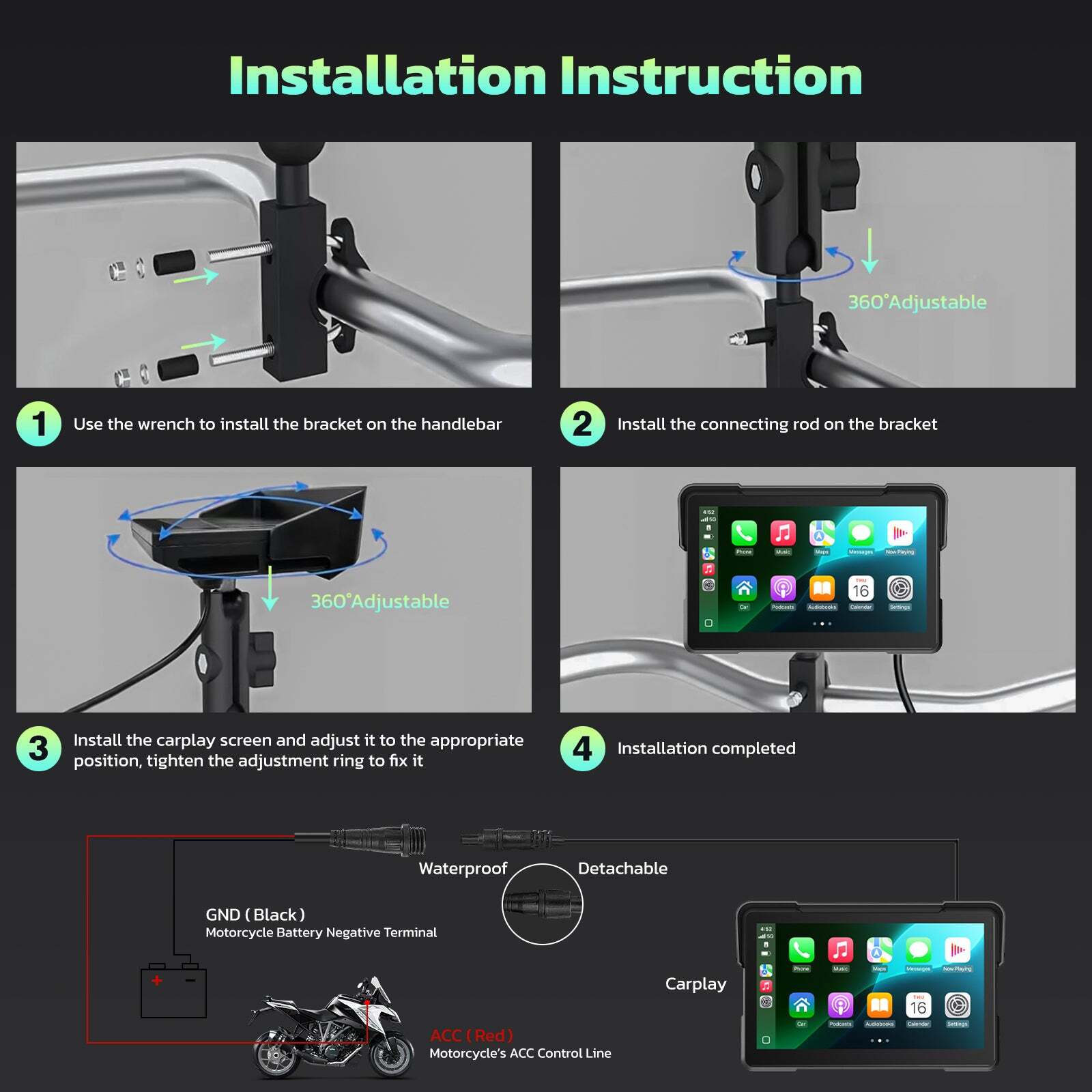 RC19 7″ HD Motorcycle Navigator Wireless CarPlay Android Auto Touch Screen
