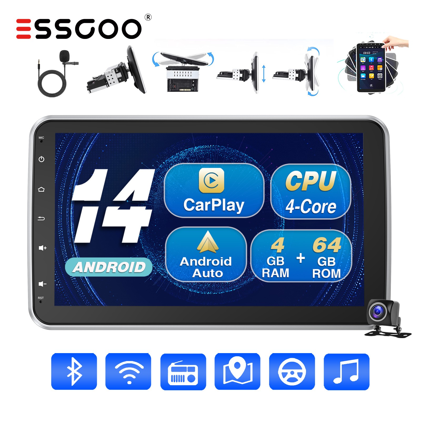 Single DIN 10″ Rotatable Screen Android 14 Carplay Car Stereo GPS 4+64G AHD Cam
