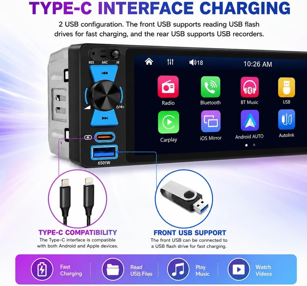 Single Din Car Stereo, 6.5 Inch in-Cell Touch Screen, Wireless Apple CarPlay And