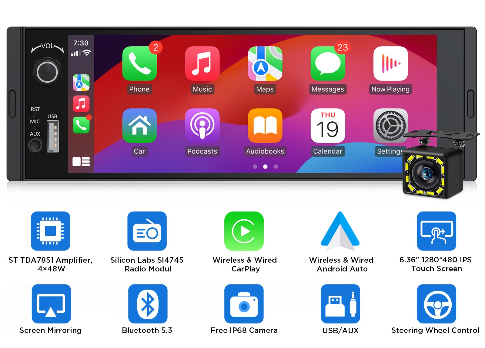 Single DIN Wireless CarPlay Android Auto 6.36″ Car Stereo w/ RDS AM/FM Bluetooth