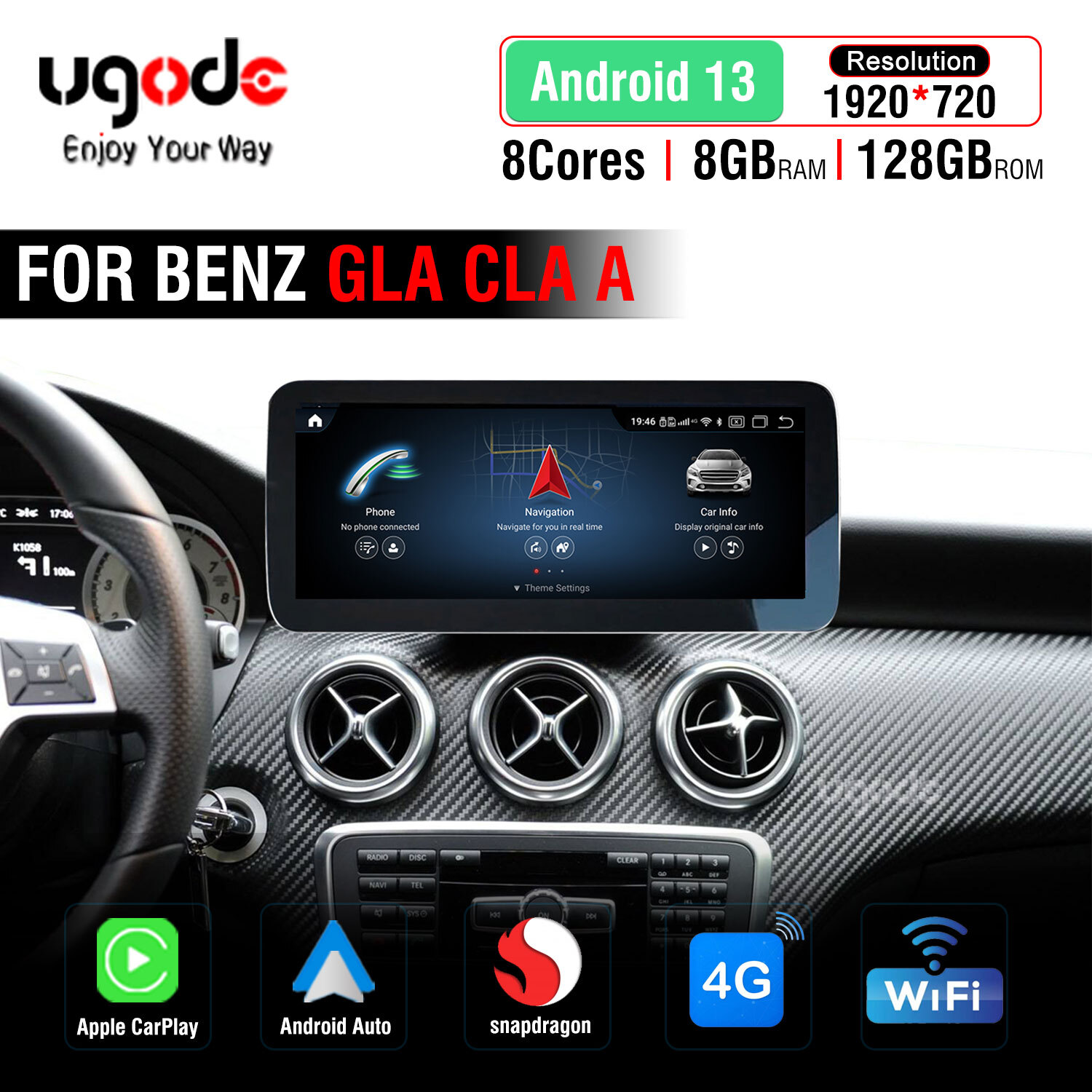 12.3″ Android13 Screen Display 8+128GB Carplay Mercedes Benz A CLA GLA 2012-2015