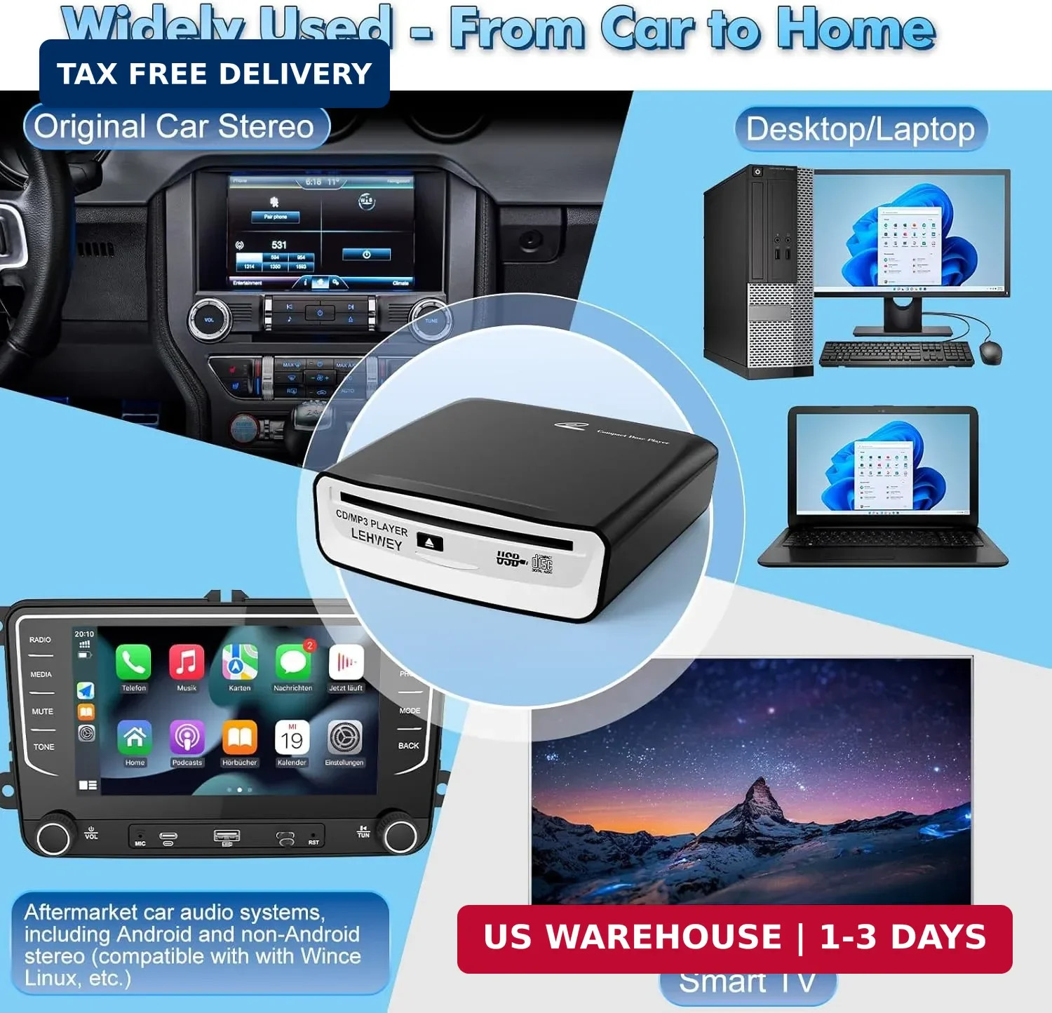 External Universal CD Player for Car – Portable Car CD Players with AUX Cable &