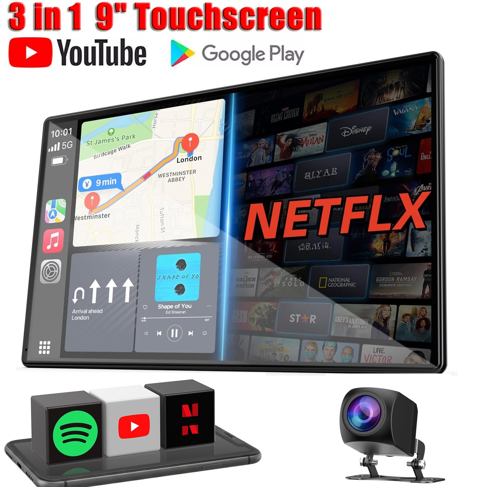 3-in-1 9″Carplay Screen with Net-Flix YouTube,Upgraded Wireless AI Video BOX