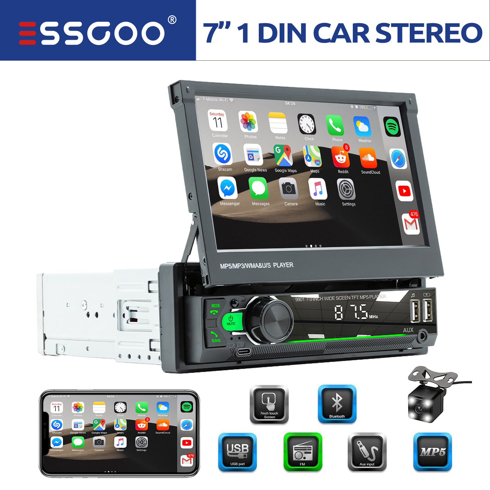 7″ Car Stereo Radio Single DIN USB Flip Out Touch Screen Bluetooth USB C+ Camera