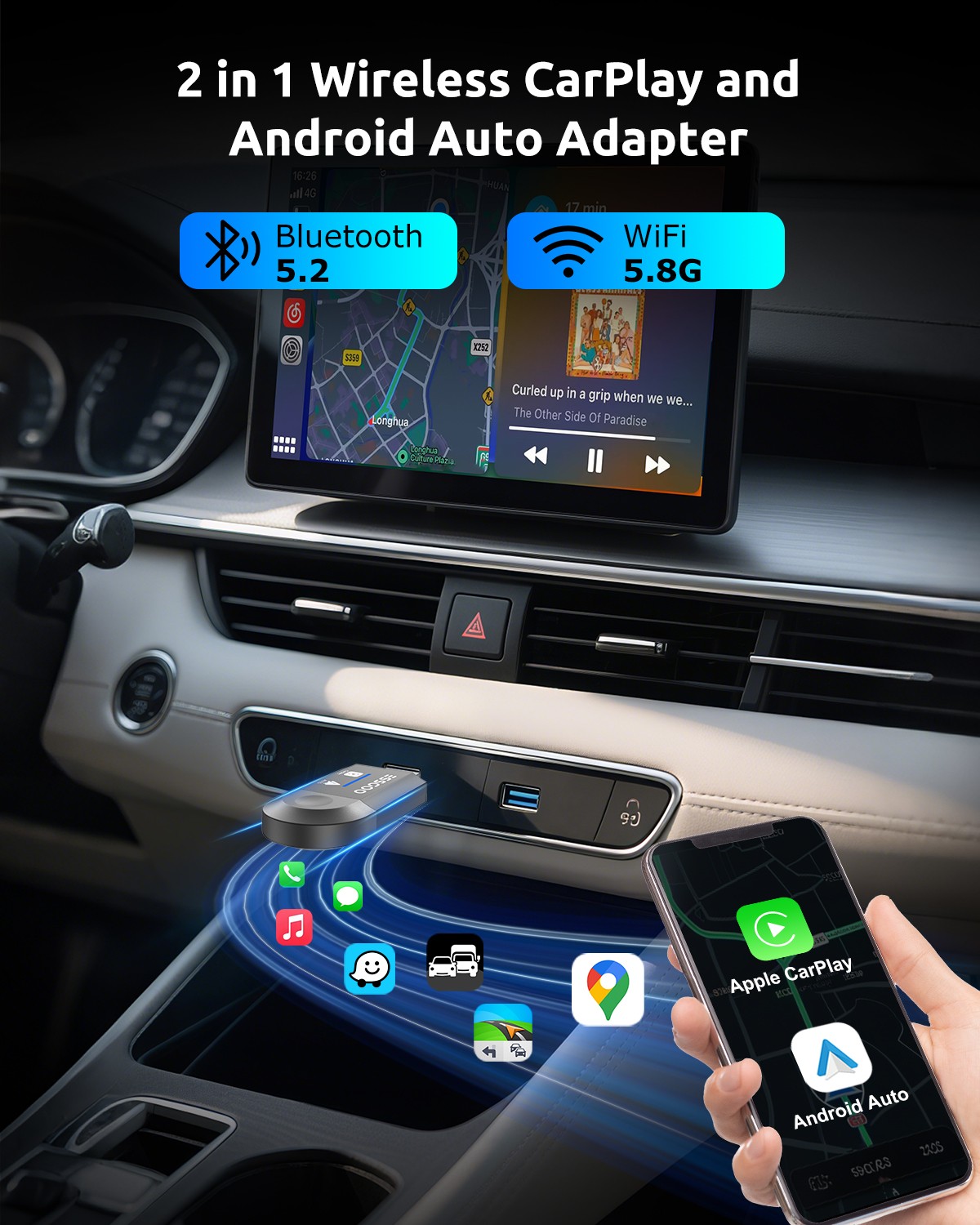 Plug&Play USB Wireless Adapter For Apple CarPlay Android Auto Wireless Dongle US