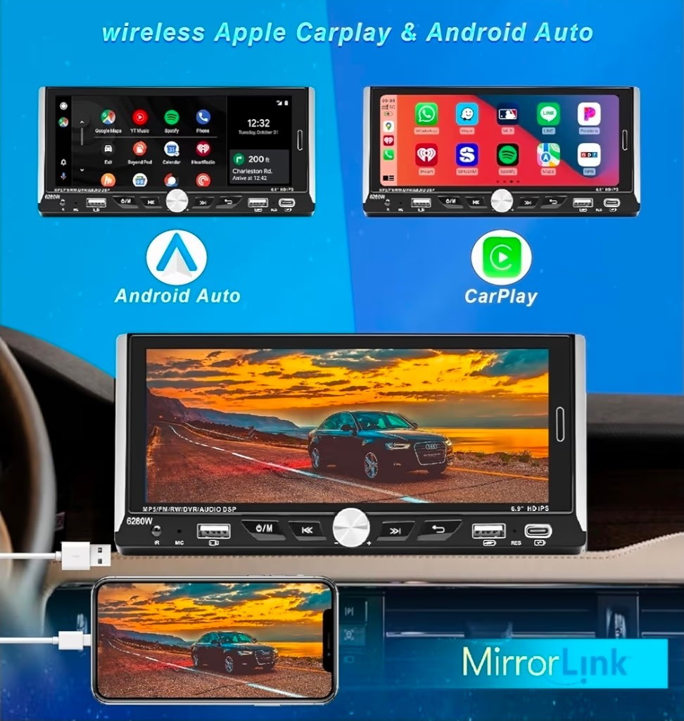 Single Din Car Radio Compatible with Wireless Apple CarPlay,6.9”Car StereoIPS