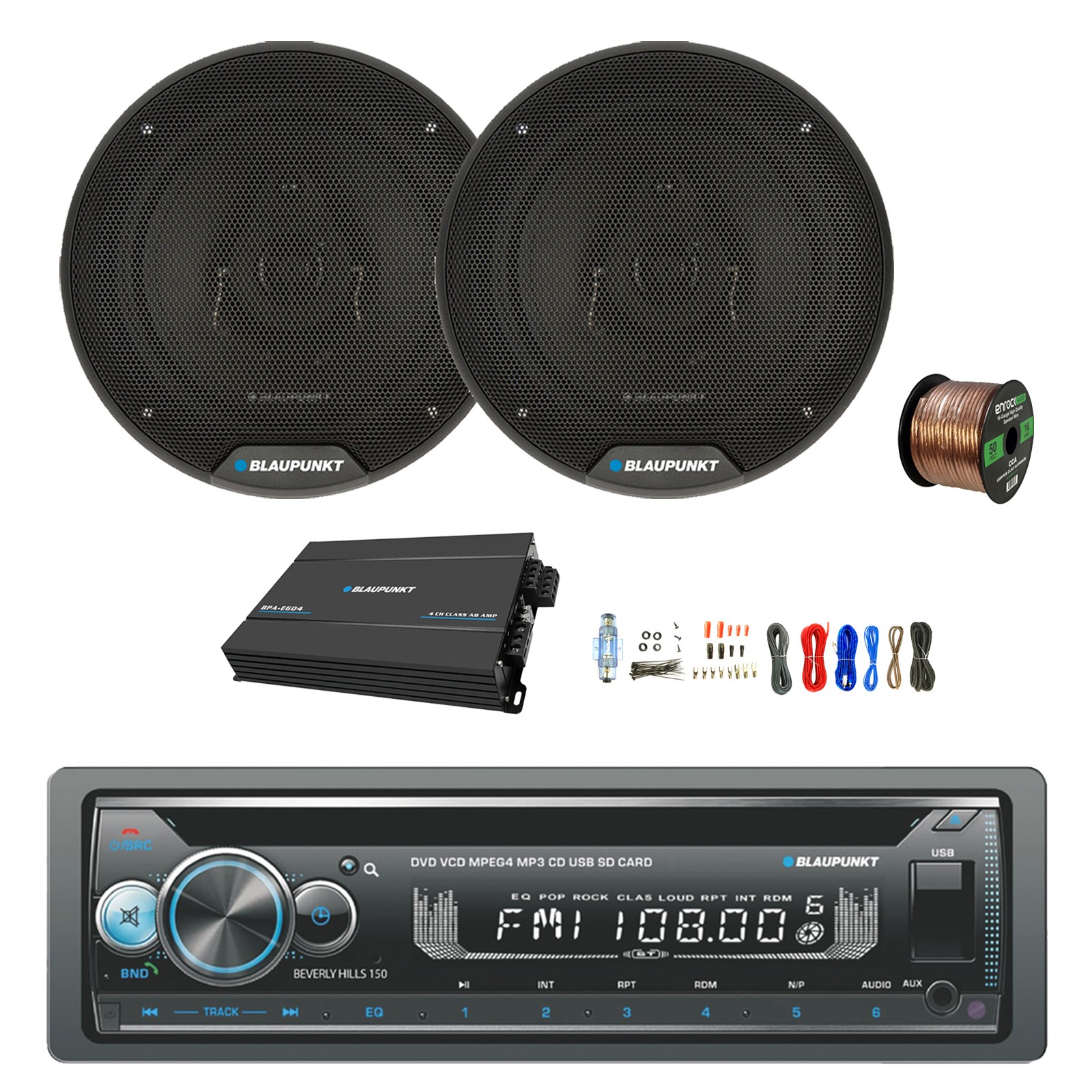 Blaupunkt Bluetooth Receiver, Amp,Kit, 2x 6″ 40W Car Speaker, Wire