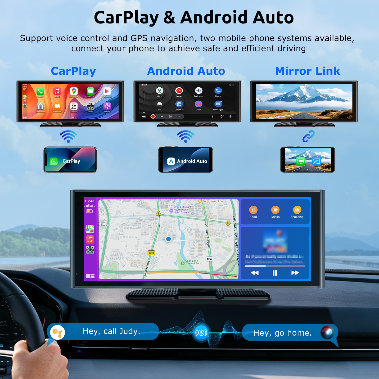 10.26″ 2K Car Portable Wireless Apple CarPlay Android Touch Screen Radio FM +DVR