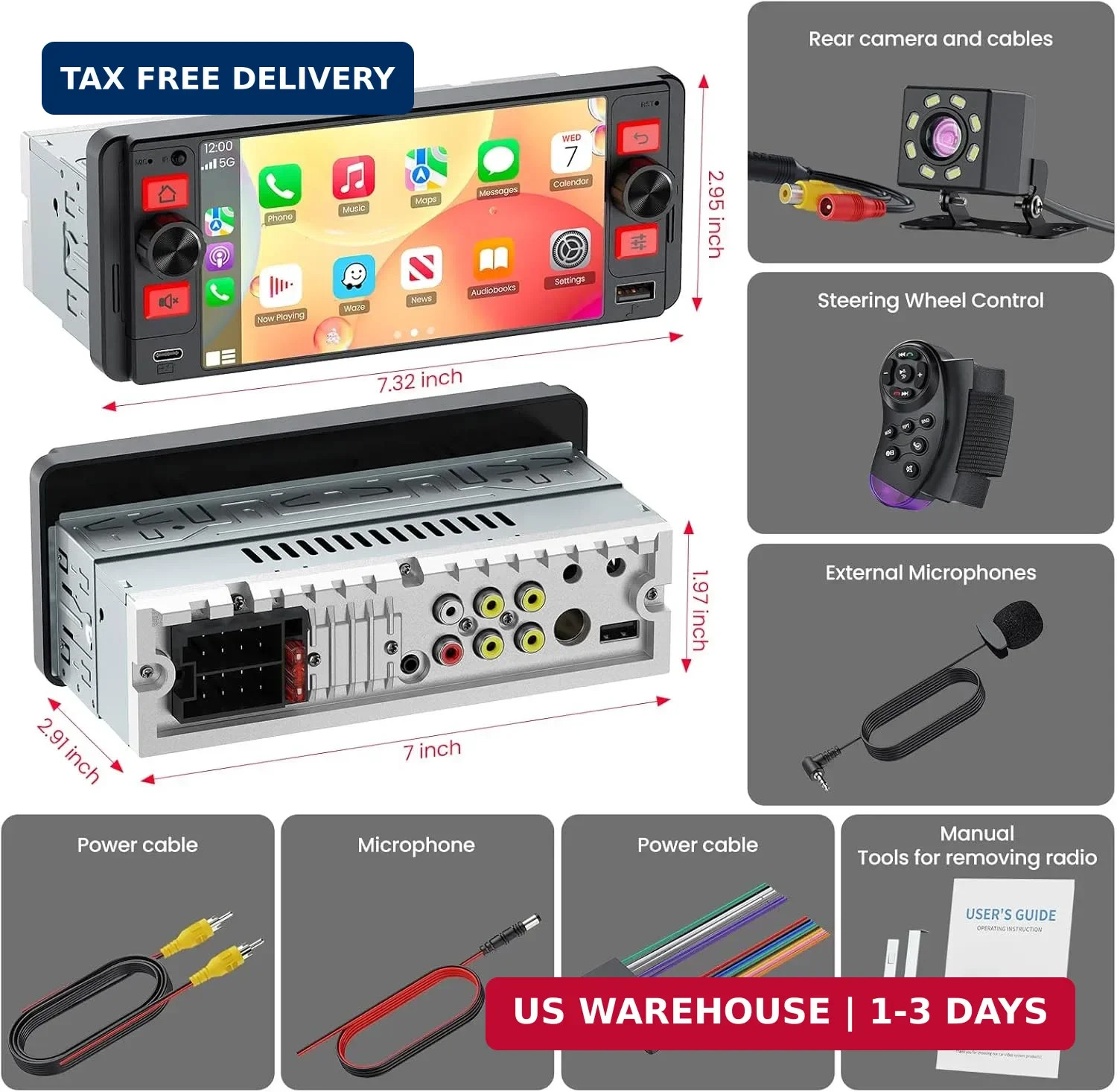 Single Din Car Stereo with Wireless Apple CarPlay and Android Auto, Single Din T