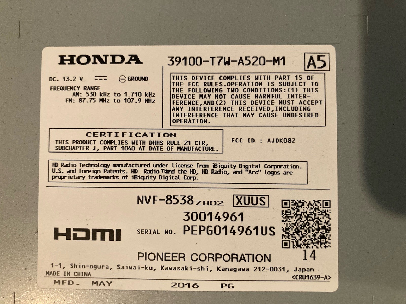 2016-2018 Honda HR-V OEM Touchscreen Radio HDMI Pioneer 39100-T7W-A410
