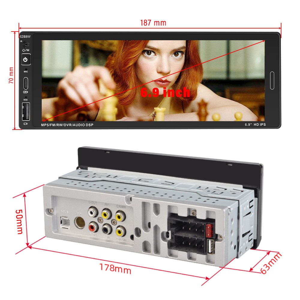 Single Din 6.9 Touch Screen Stereo Bluetooth Radio Car Apple/Android Carplay GPS