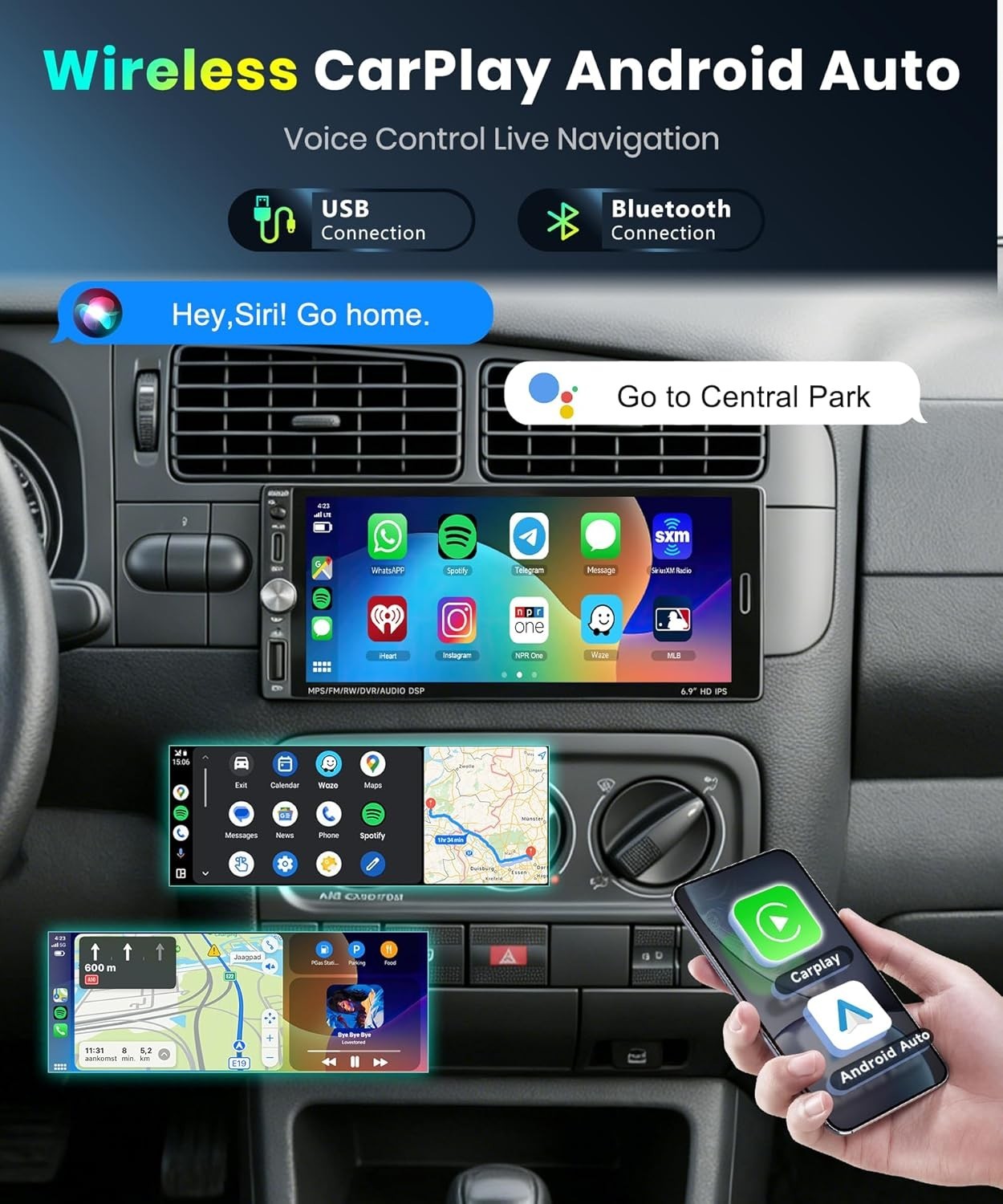 Single Din Car Stereo Wireless Carplay Android Auto 6.9 Inch Touch Screen Blu…