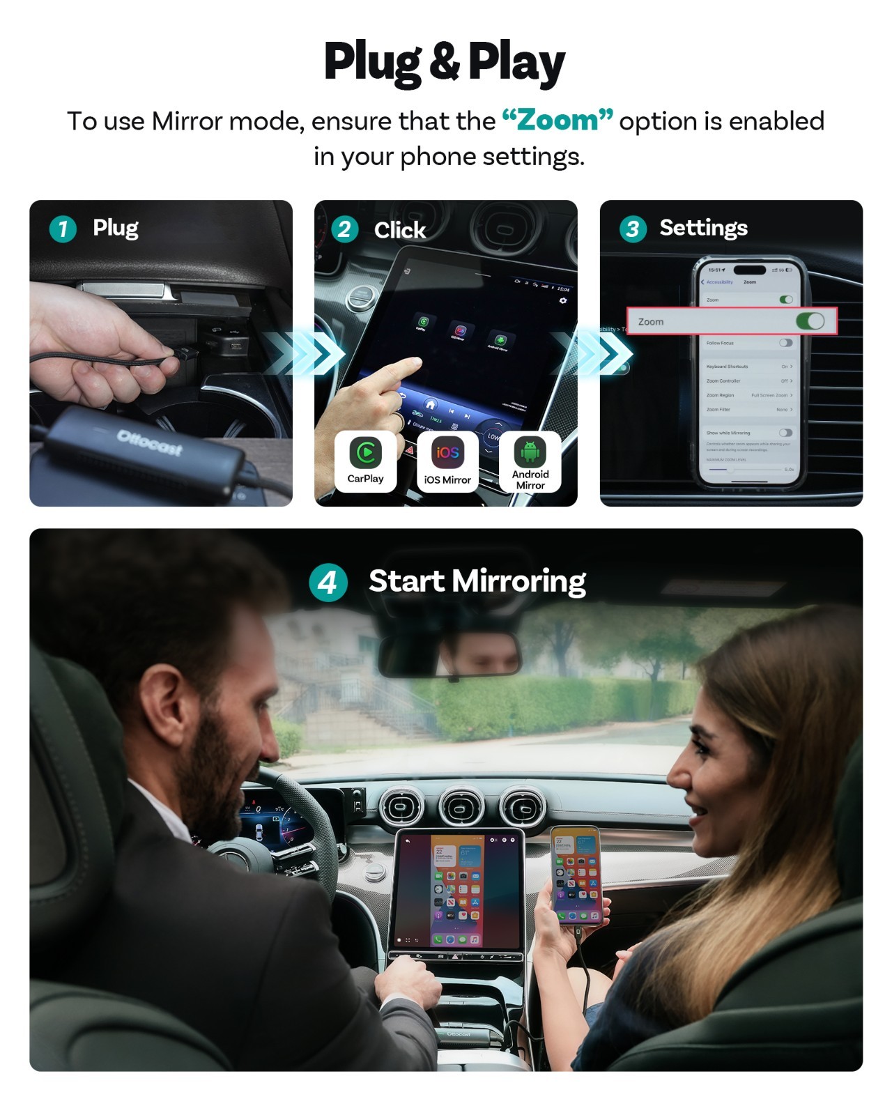 Ottocast Wireless CarPlay & MirrorLink Adapter for iPhone/Android Auto-Reconnect