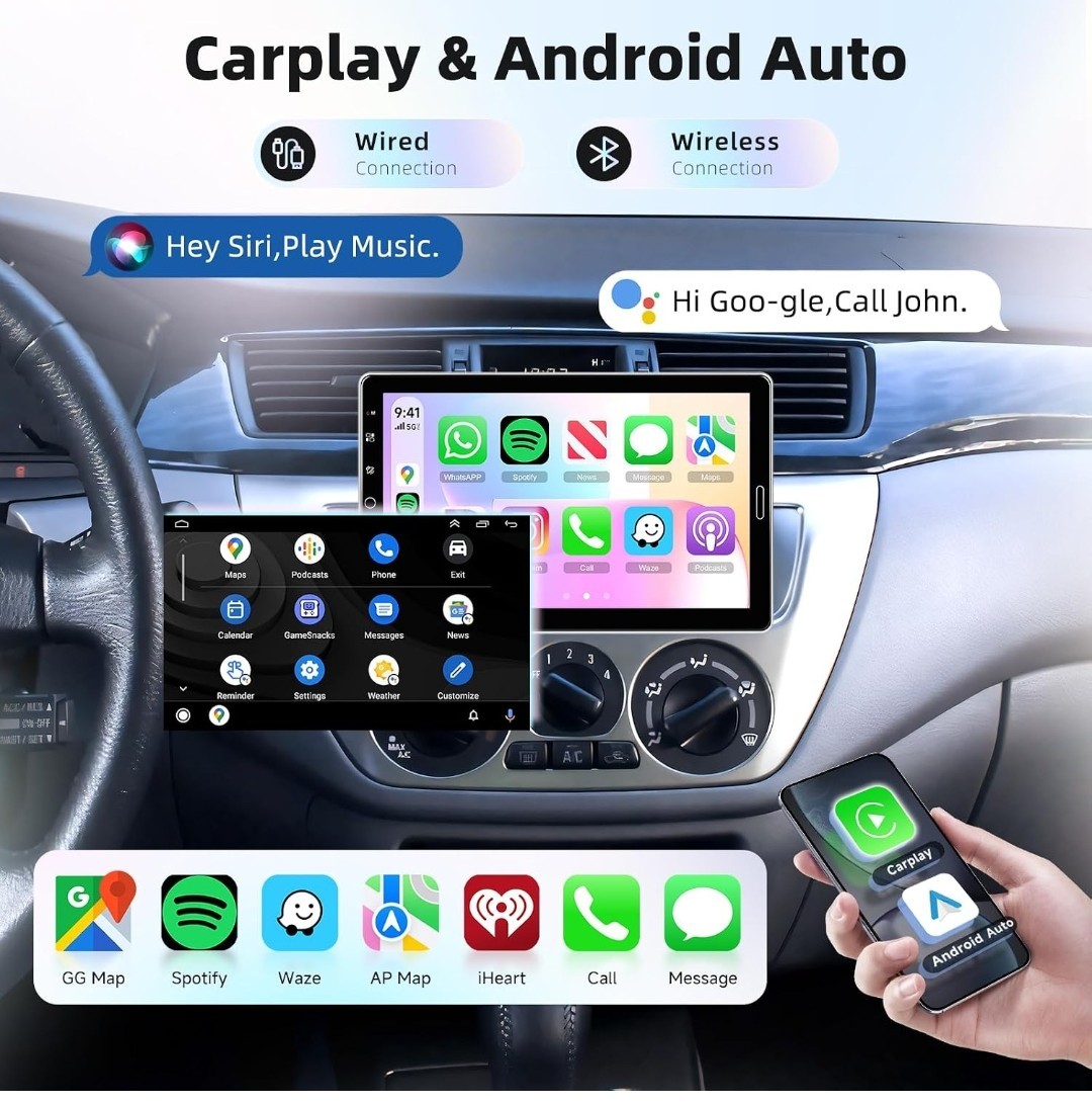 10.1″ Single Din Car Stereo Wireless CarPlay Android Auto Touchscreen Bluetooth