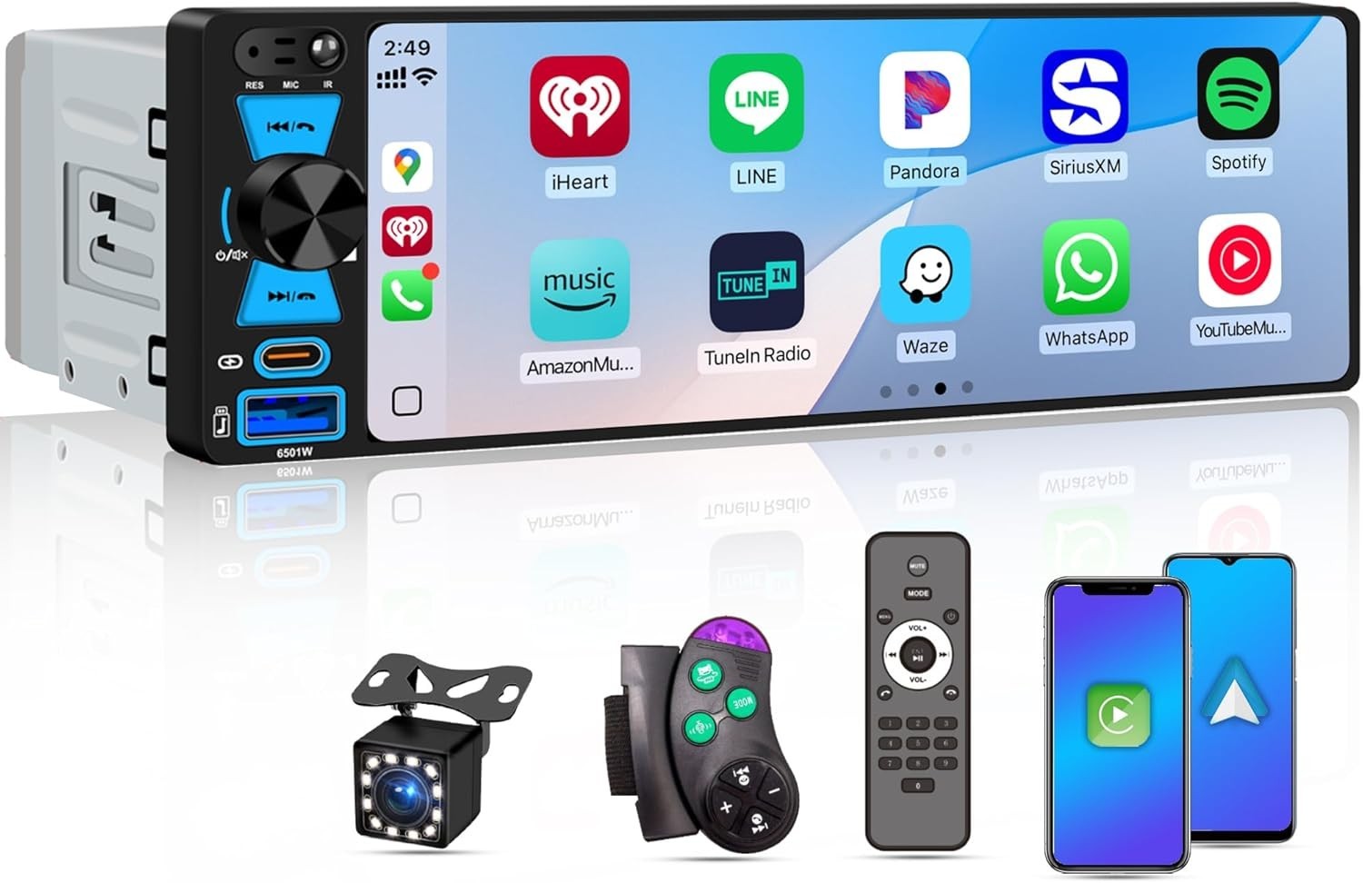 6.5in Single Din Car Stereo with Wireless Apple CarPlay Android Auto Bluetooth