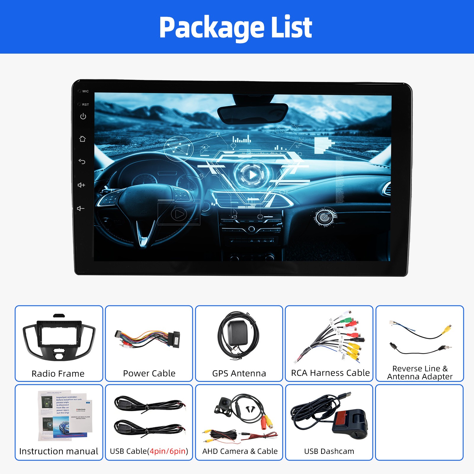 9″ CarPlay 4+64G For 2015-2019 Ford Transit 150/250/350 Car Stereo DVR&AHD BT FM
