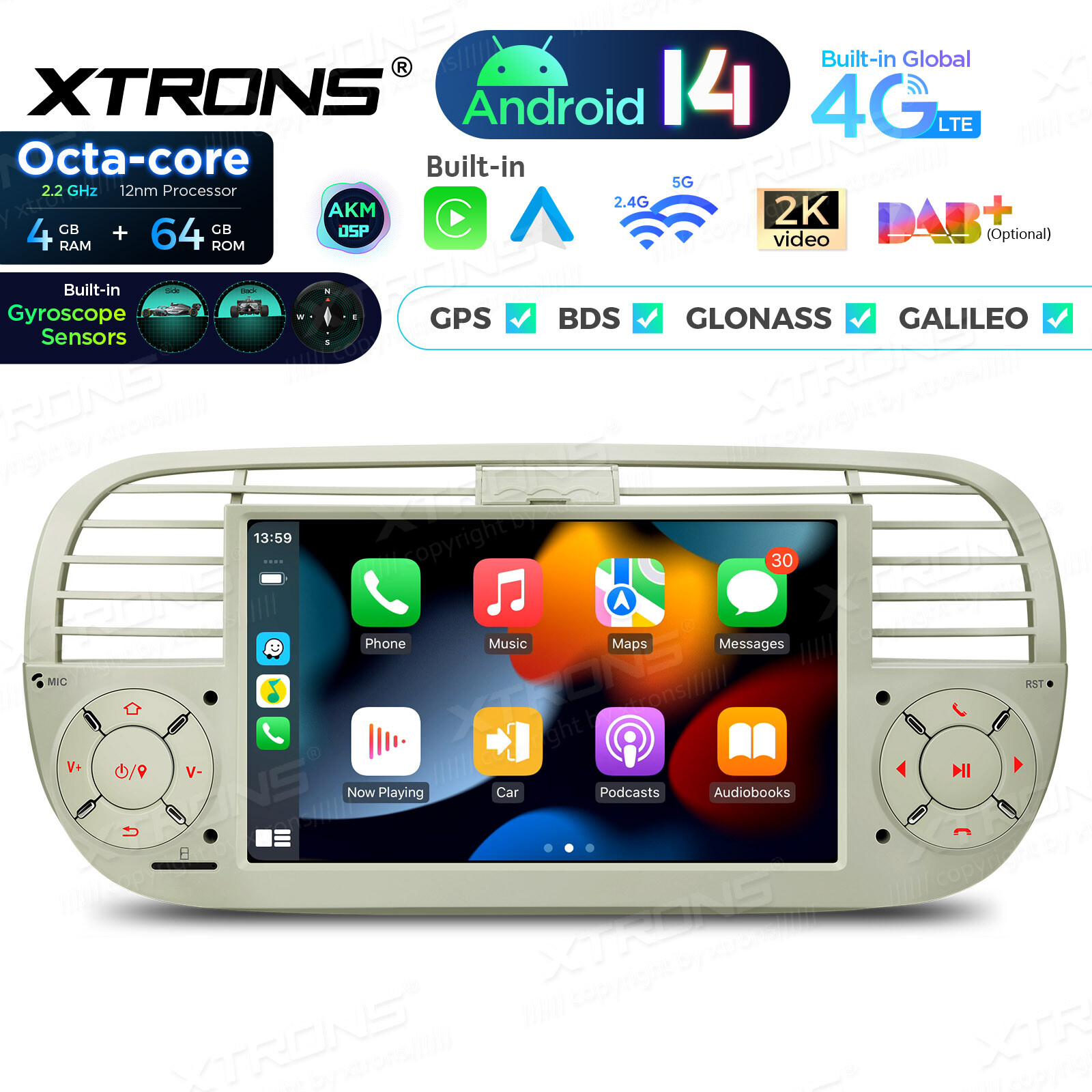 7″ Android 13 8Core Car Play GPS Sat Nav Stereo Radio for Fiat 500 2007-15 Beige