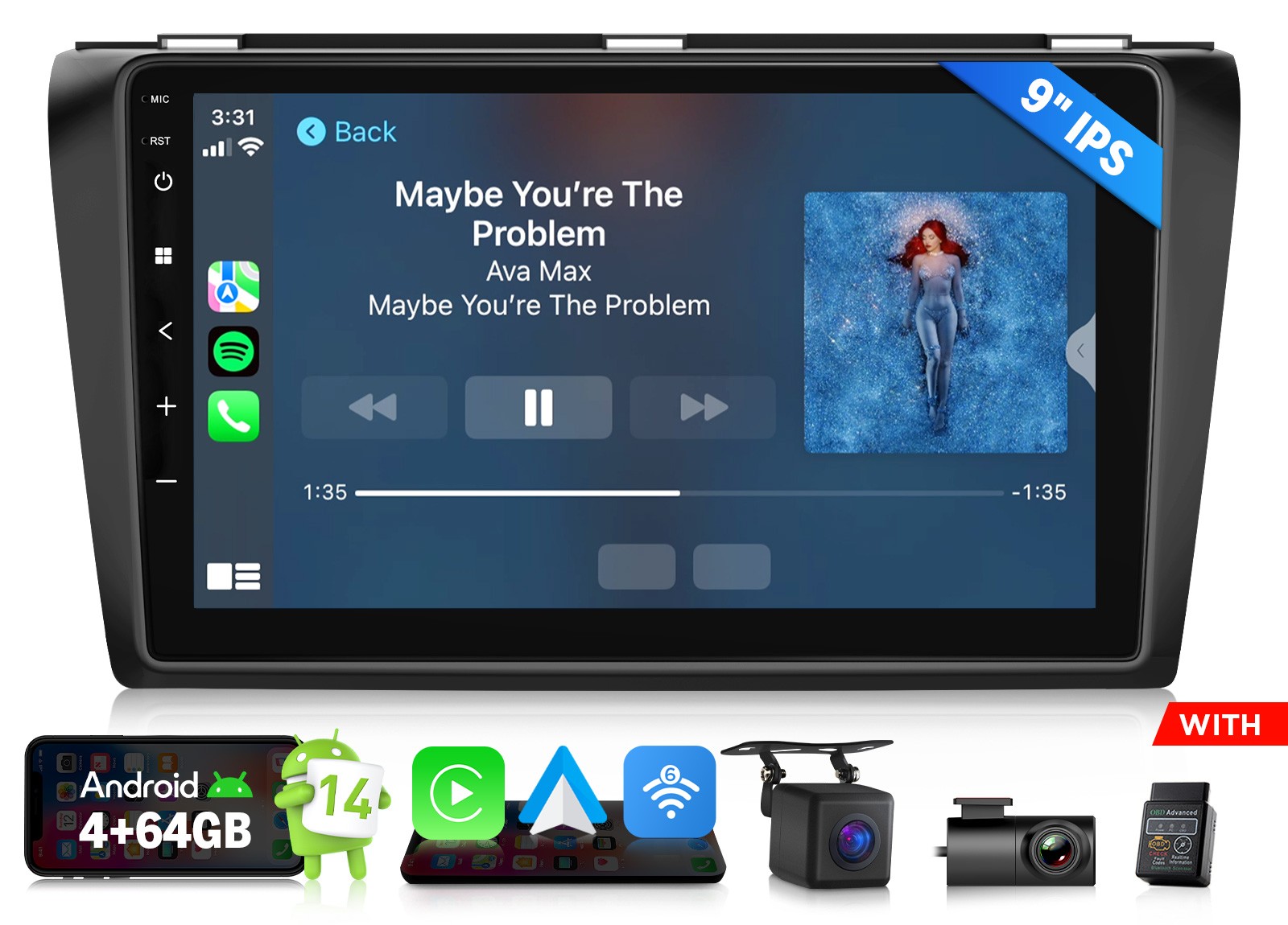 9″ Android 14 for Mazda3 2004-2009 Car Stereo Plug & Play Wireless CarPlay 4+64G