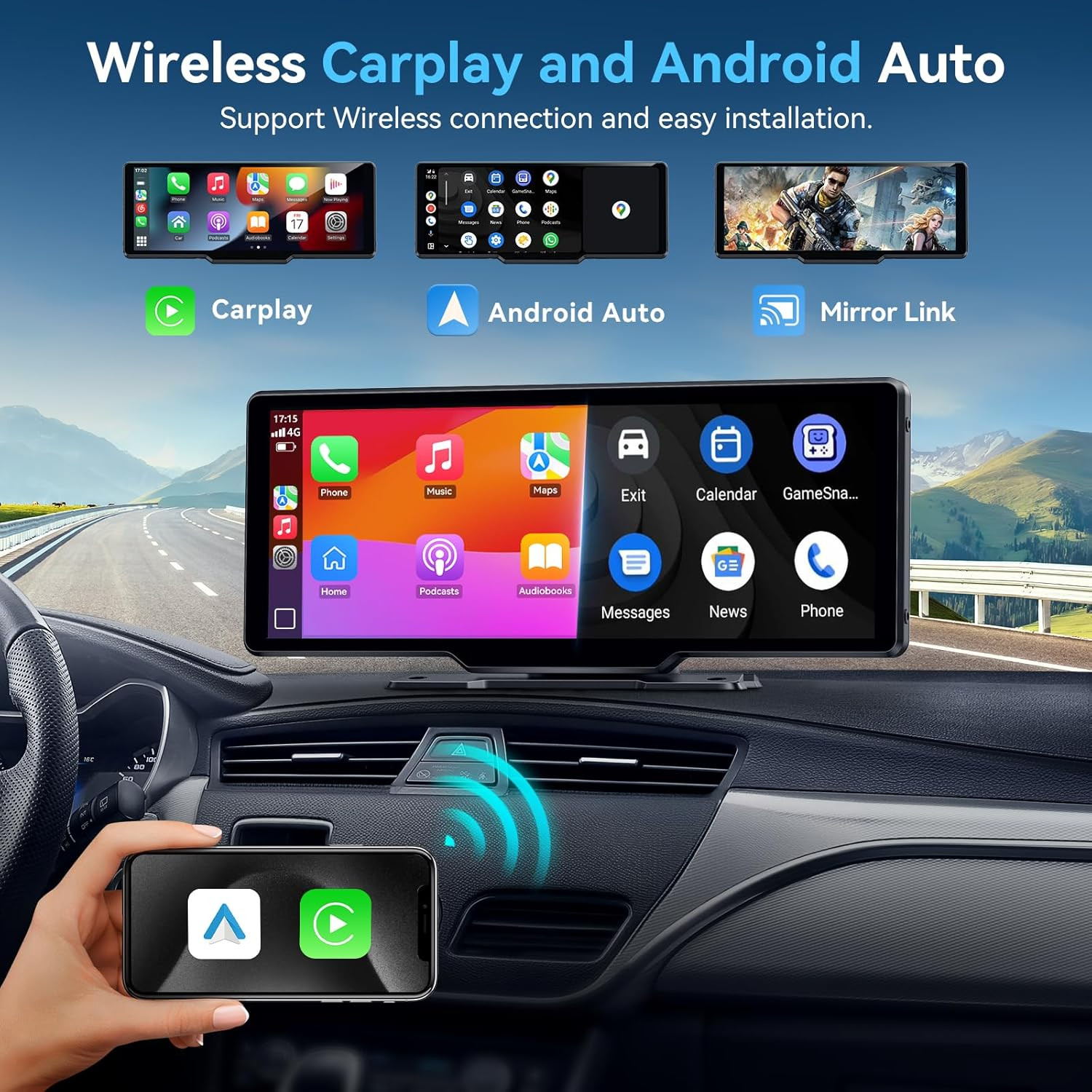 10″ Wireless CarPlay & Android Auto Screen with Backup Camera & GPS Navigation